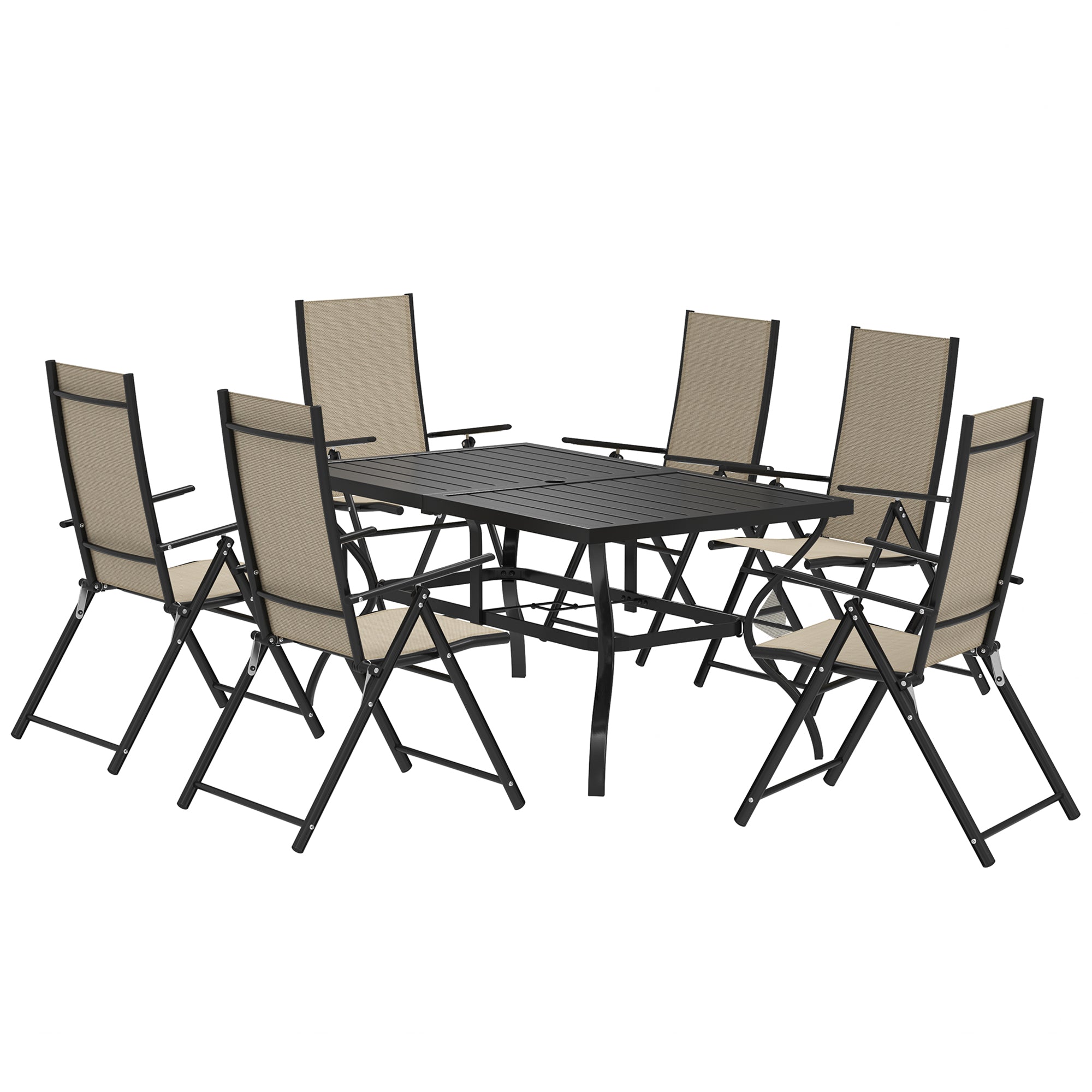 Seven-Piece Steel Outdoor Dining Set, with Parasol Hole - Khaki