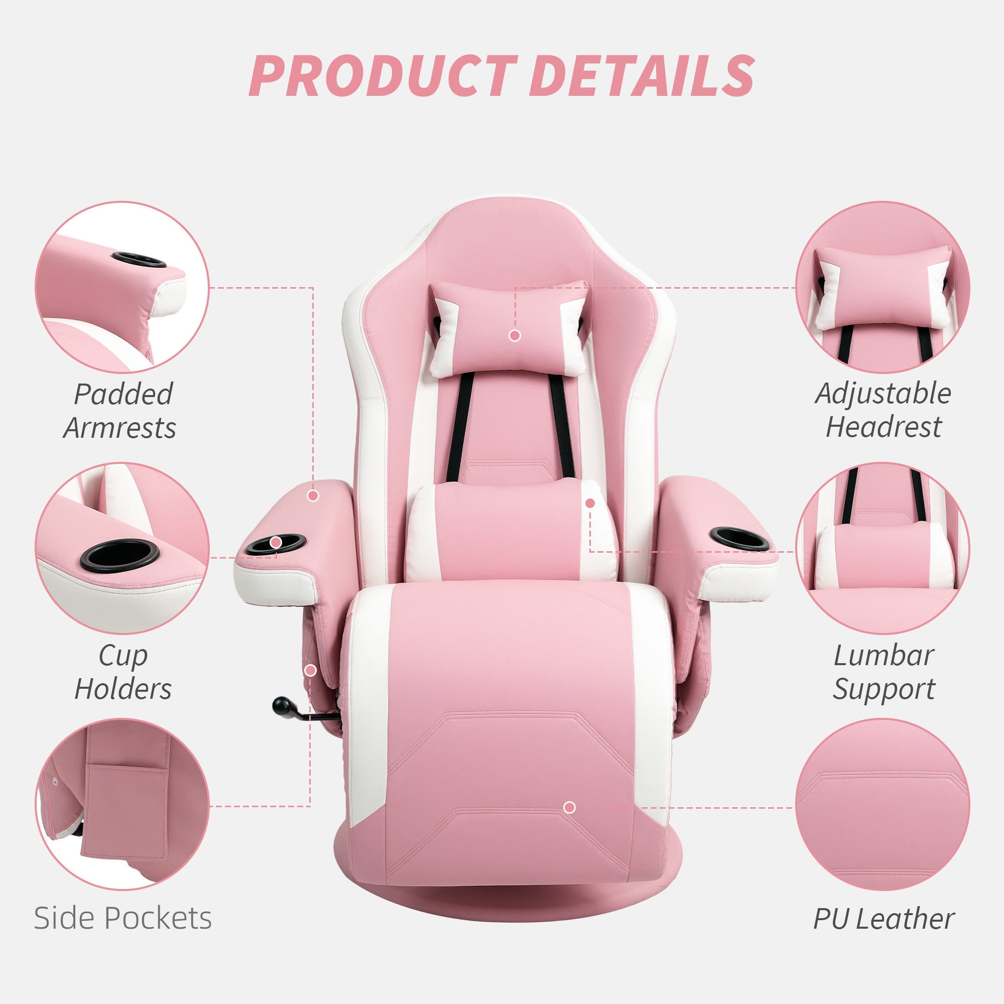 Manual Recliner Armchair PU Leather Lounge Chair w Adjustable Leg Rest, 135° Reclining Function, 360° Swivel, Pink