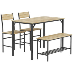 Square Dining Set for 4 Persons, Table, Chairs and Bench Included, Natural Wood Effect