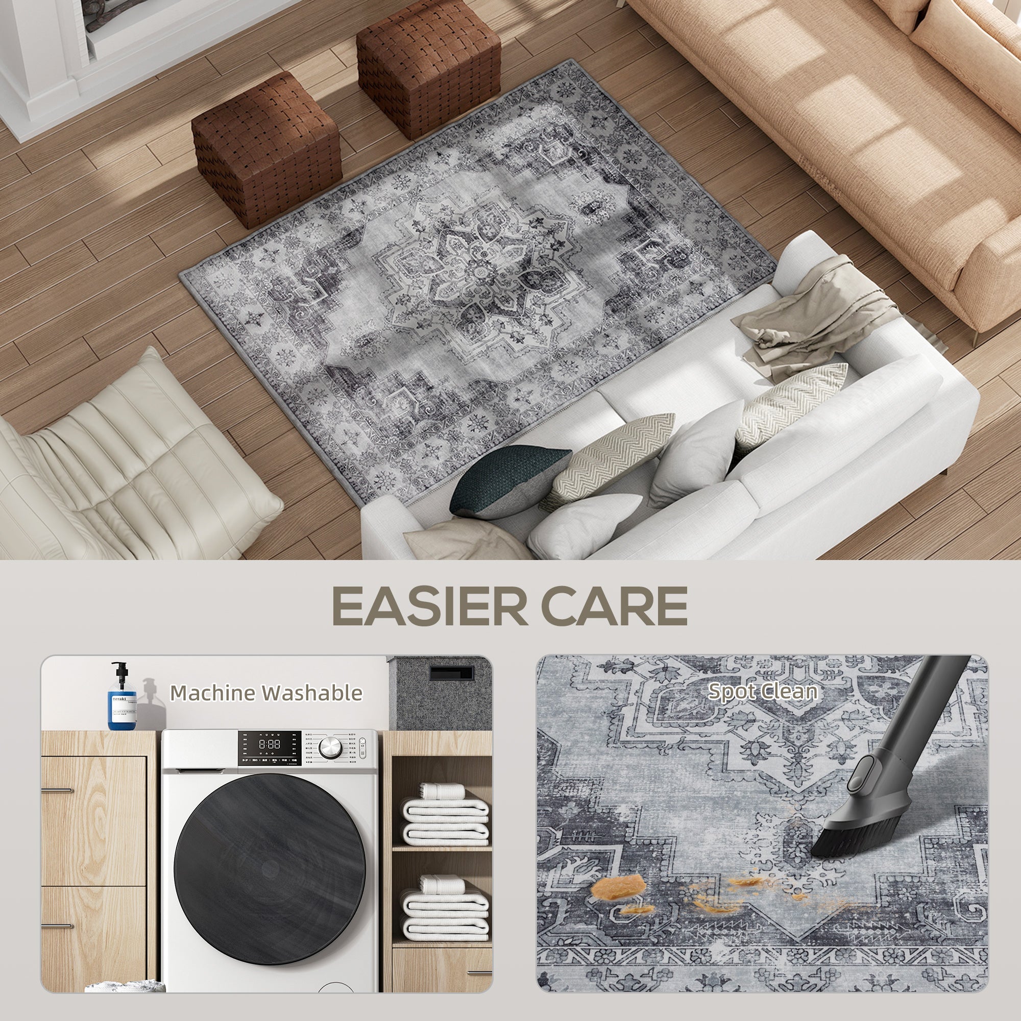 Fynco - Vintage Area Rug, Non-Slip Washable Rug, Flannel Floor Carpet for Living Room, Bedroom, Dining Room, Home Office, 170 x 120 cm, Grey