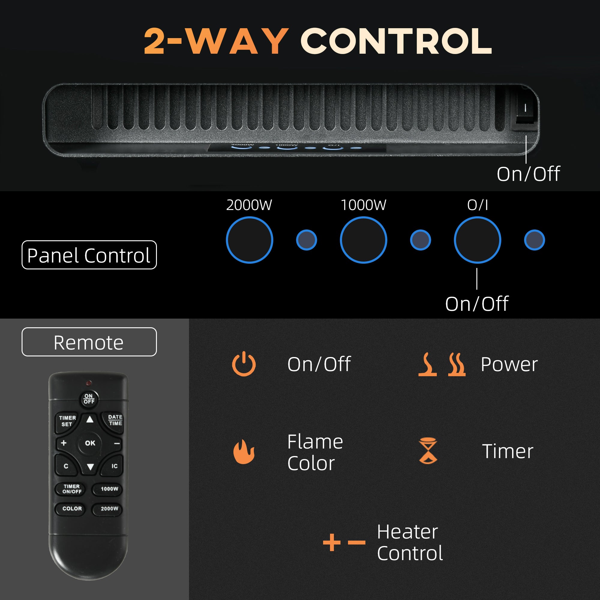 Fynco - 127cm/50" Electric Fireplace, 2000W Recessed and Wall Mounted Electric Fire with Remote Control, 9 Flame Colour and Crystal, Black