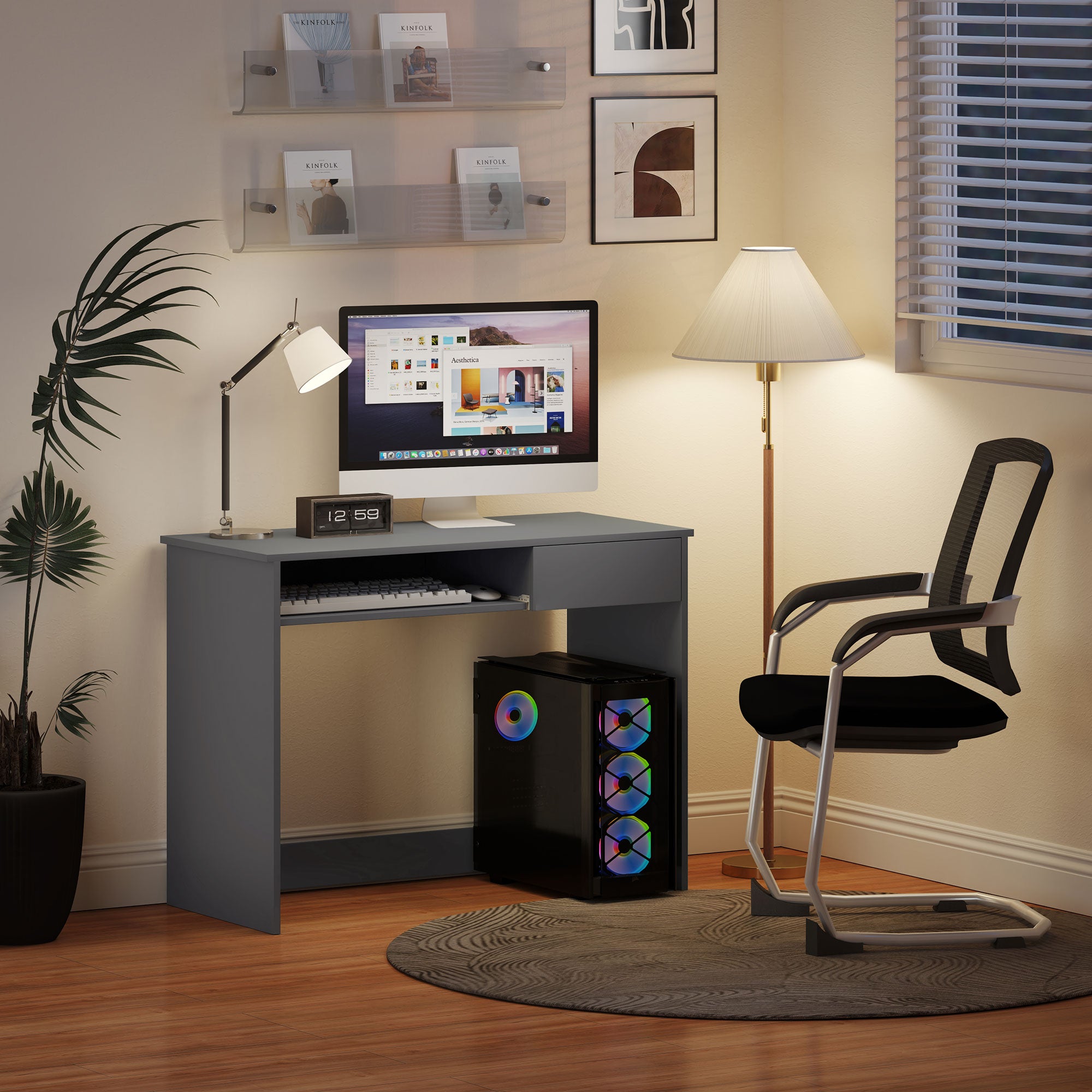 100cm Compact Computer Desk with Keyboard Tray, Home Office Desk with Drawer for Bedroom Study, Grey