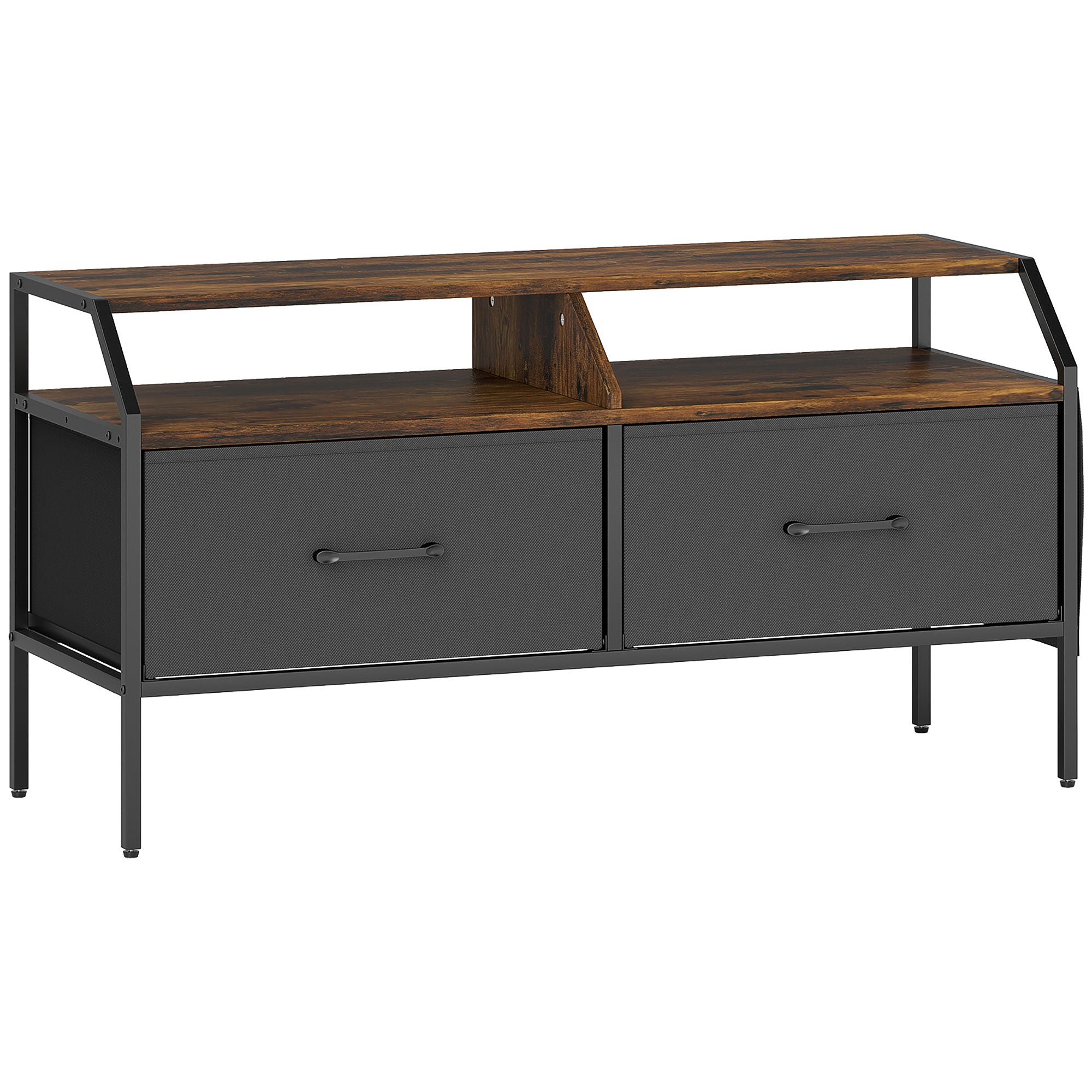 TV Stand Cabinet, TV Unit for 55-inch TVs with 2 Foldable Fabric Drawers, 5 Divided Side Pockets, Open Shelves, Console Table for Living Room, Bedroom, Entertainment Room, Rustic Brown