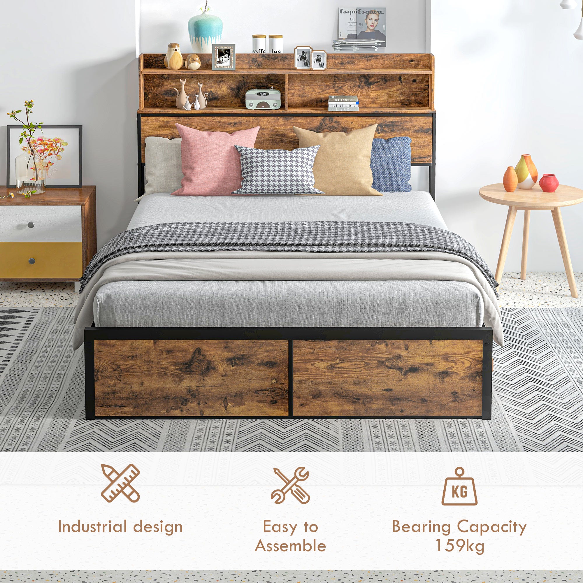 Industrial Double Bed Frame, 4.6FT Steel Bed Base with Storage Headboard, Footboard, Slatted Support and Under Bed Storage, 141 x 207cm, Rustic Brown