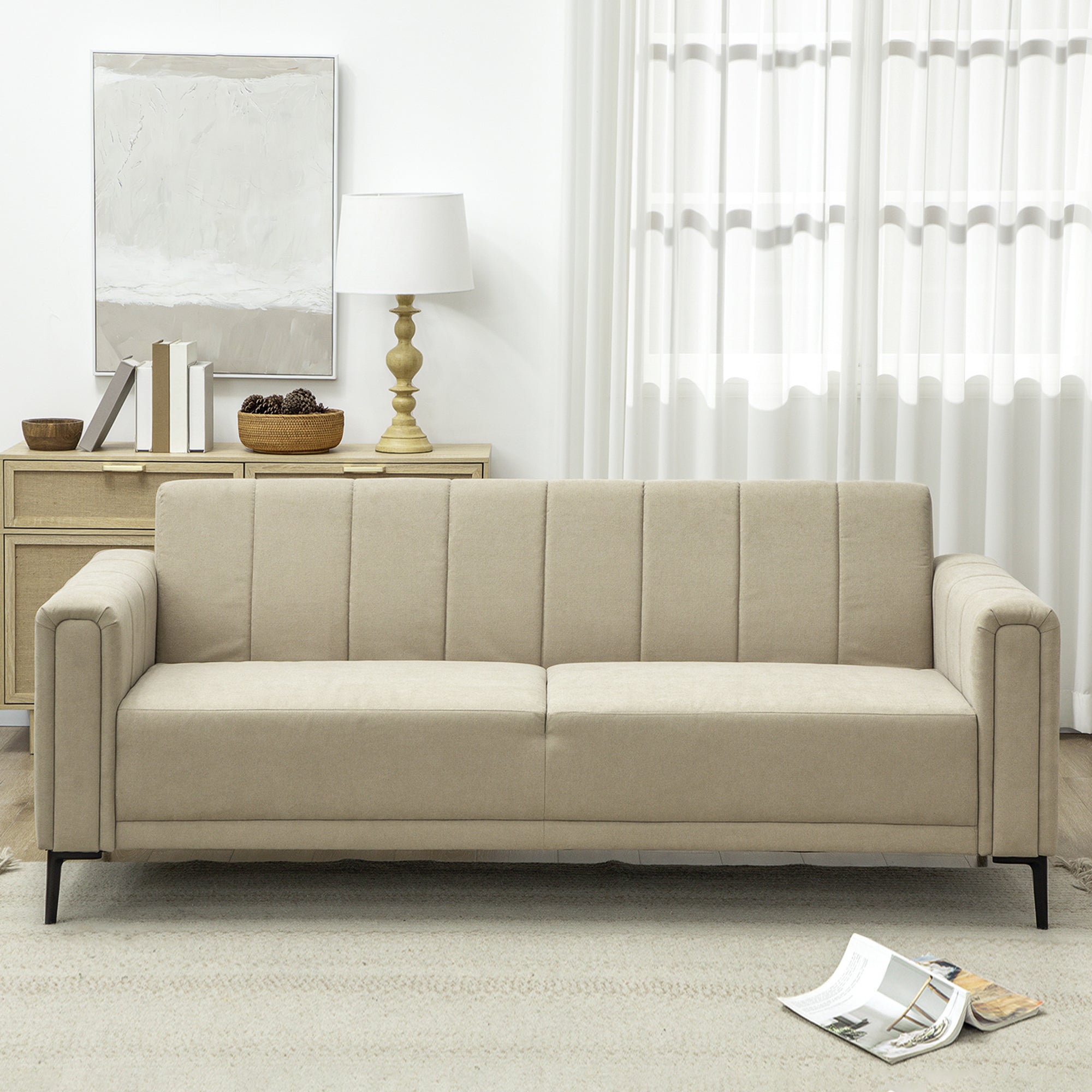 3 Seater Sofa, Modern Fabric Sofa Couch, Channel Tufted Upholstered Sofa Settee for Living Room, Guest Room, Bedroom, Home Office, Khaki