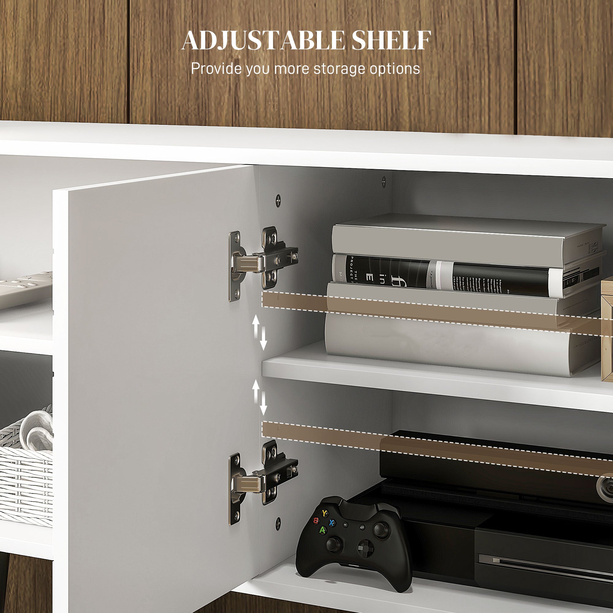 TV Stand with Cupboard, Open Shelves, Striped Doors, Wooden legs, White