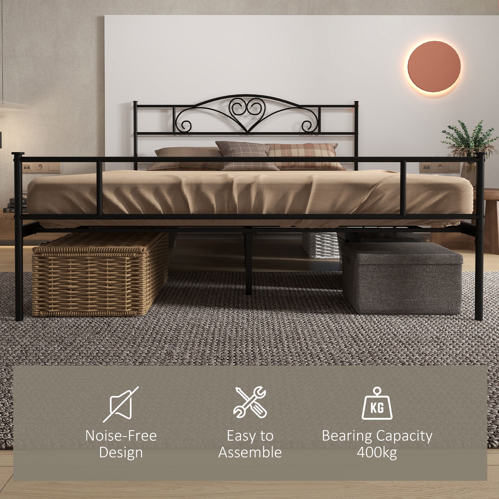 King Size Bed Frame, 5ft4 Metal Bed Base with Headboard and Footboard, 31cm Underneath Storage Space for Bedroom