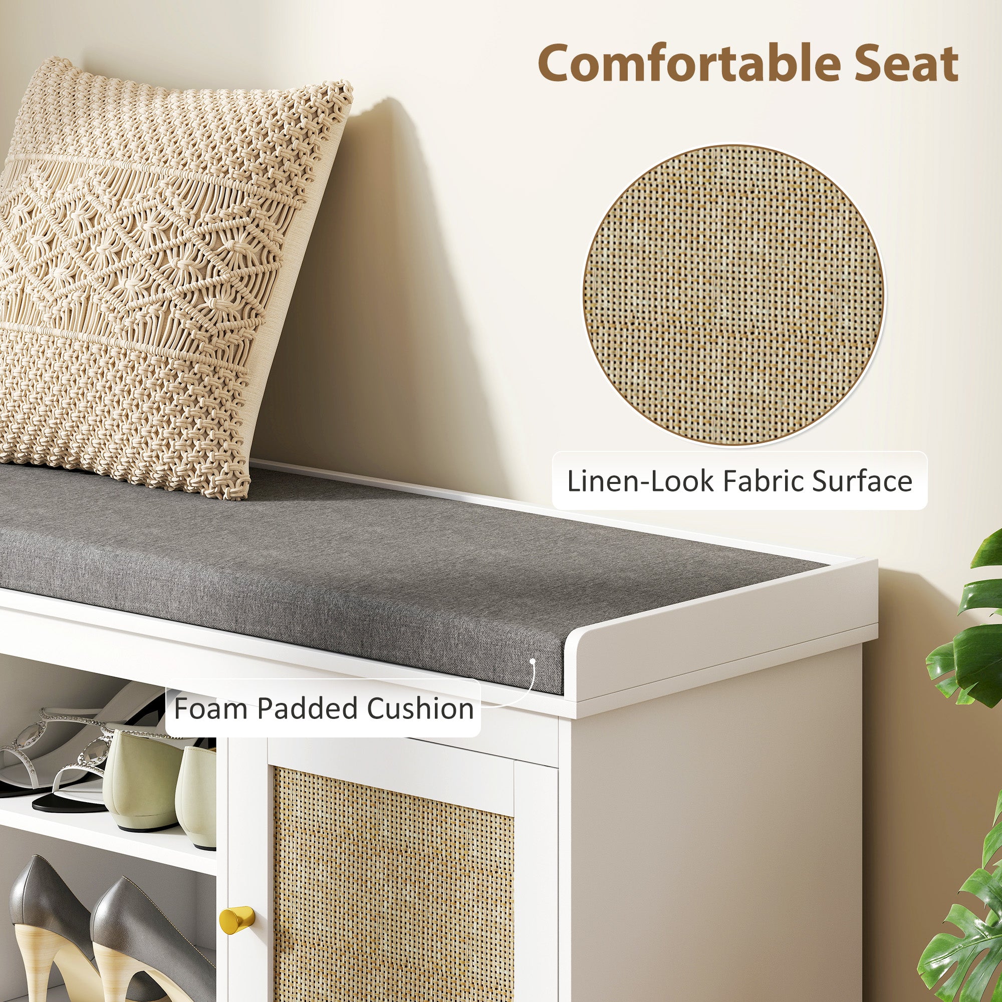 Fynco - Boho Shoe Storage Bench with Padded Cushion and Rattan Doors - White