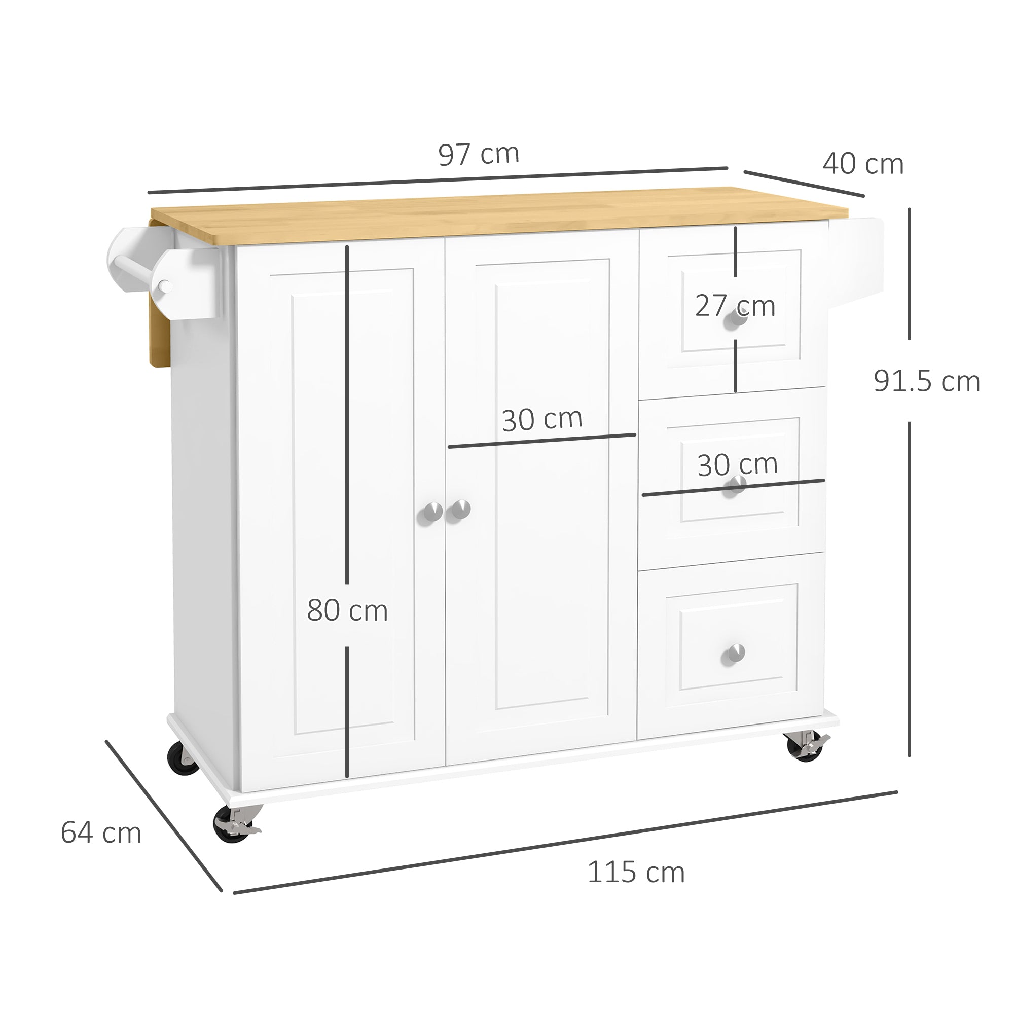 Kitchen Island with Drop Leaf, Rolling Kitchen Storage Trolley on Wheels with 3 Drawers, Spice Rack and Towel Rack, Storage Cart with Rubber Wood Top, White