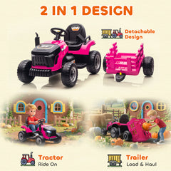AIYAPLAY 12V Ride on Tractor and Trailer with Remote Control, Music, Shifter, Start-Up Sound, for Kids Ages 3-8 Years, Pink