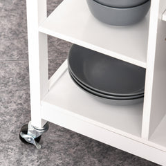 Kitchen Trolley, Kitchen Island on Wheels, w/ Wood Top, 3 Shelves and Storage Cupboard, White