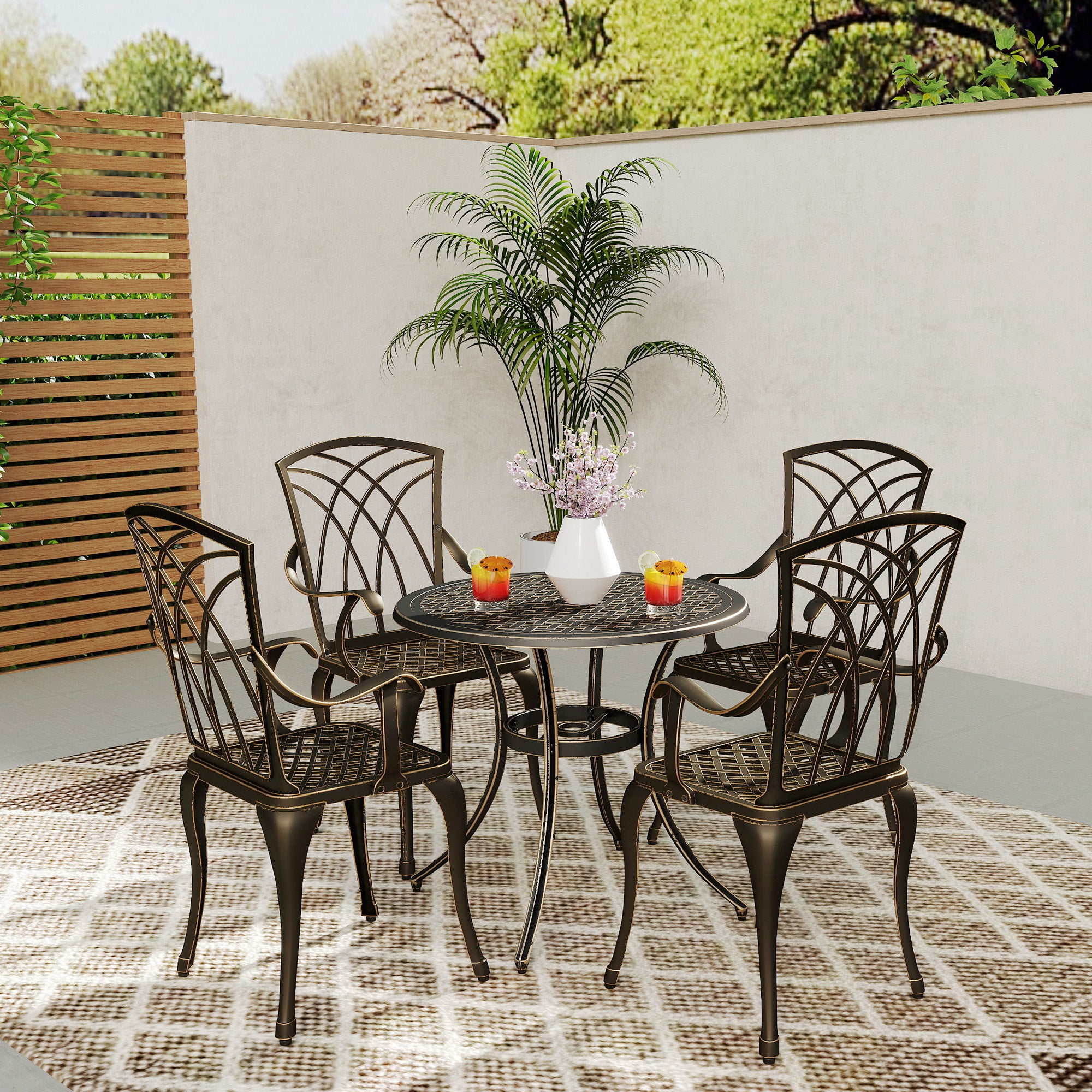 5 Pieces Garden Dining Set for 4, Cast Aluminium Outdoor Dining Set with 4 Armchairs and Round Dining Table with Parasol Hole, Garden Furniture Set, Bronze Tone