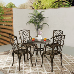 5 Pieces Garden Dining Set for 4, Cast Aluminium Outdoor Dining Set with 4 Armchairs and Round Dining Table with Parasol Hole, Garden Furniture Set, Bronze Tone