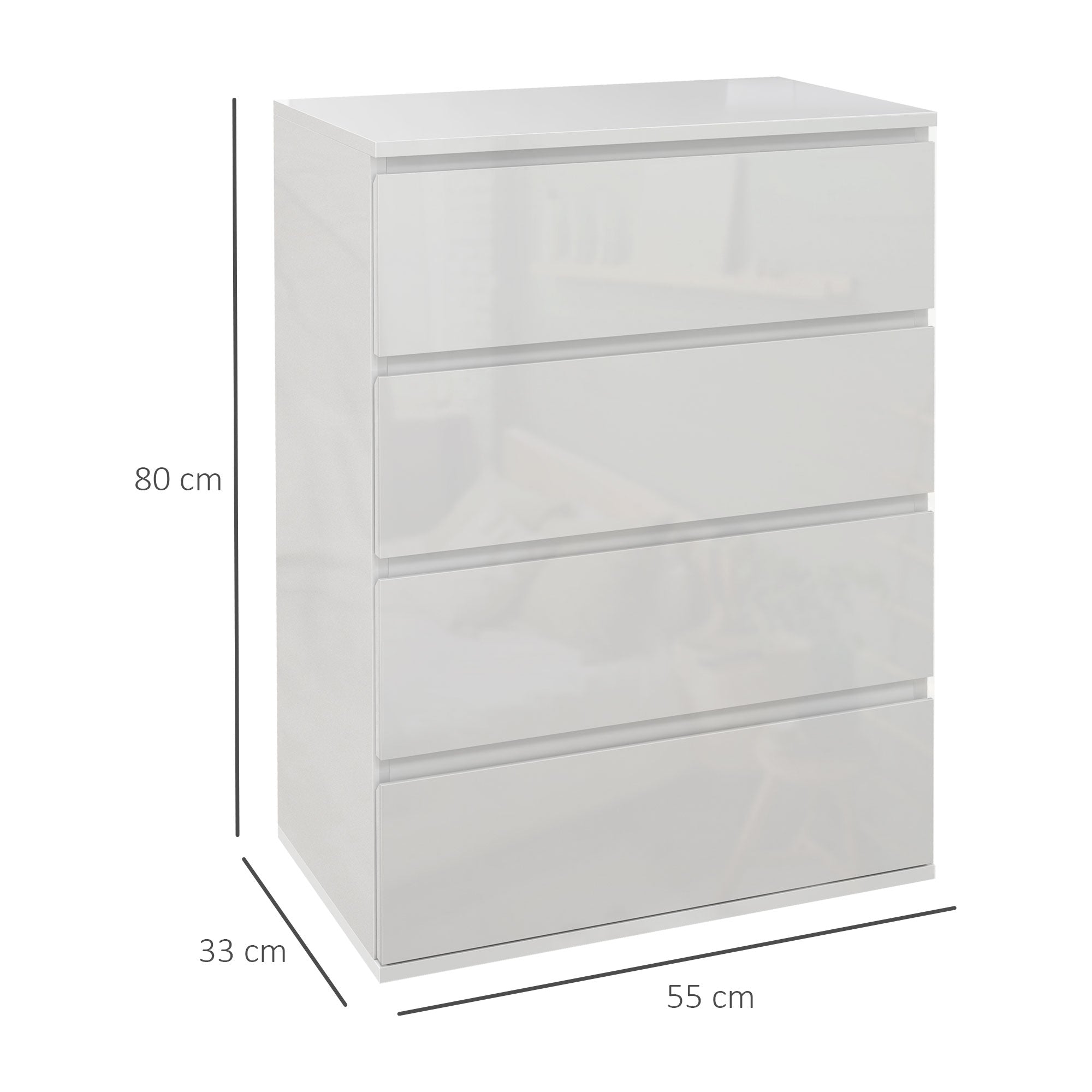 High Gloss Chest of Drawers, 4-Drawer Storage Cabinets, Modern Dresser for Bedroom, White
