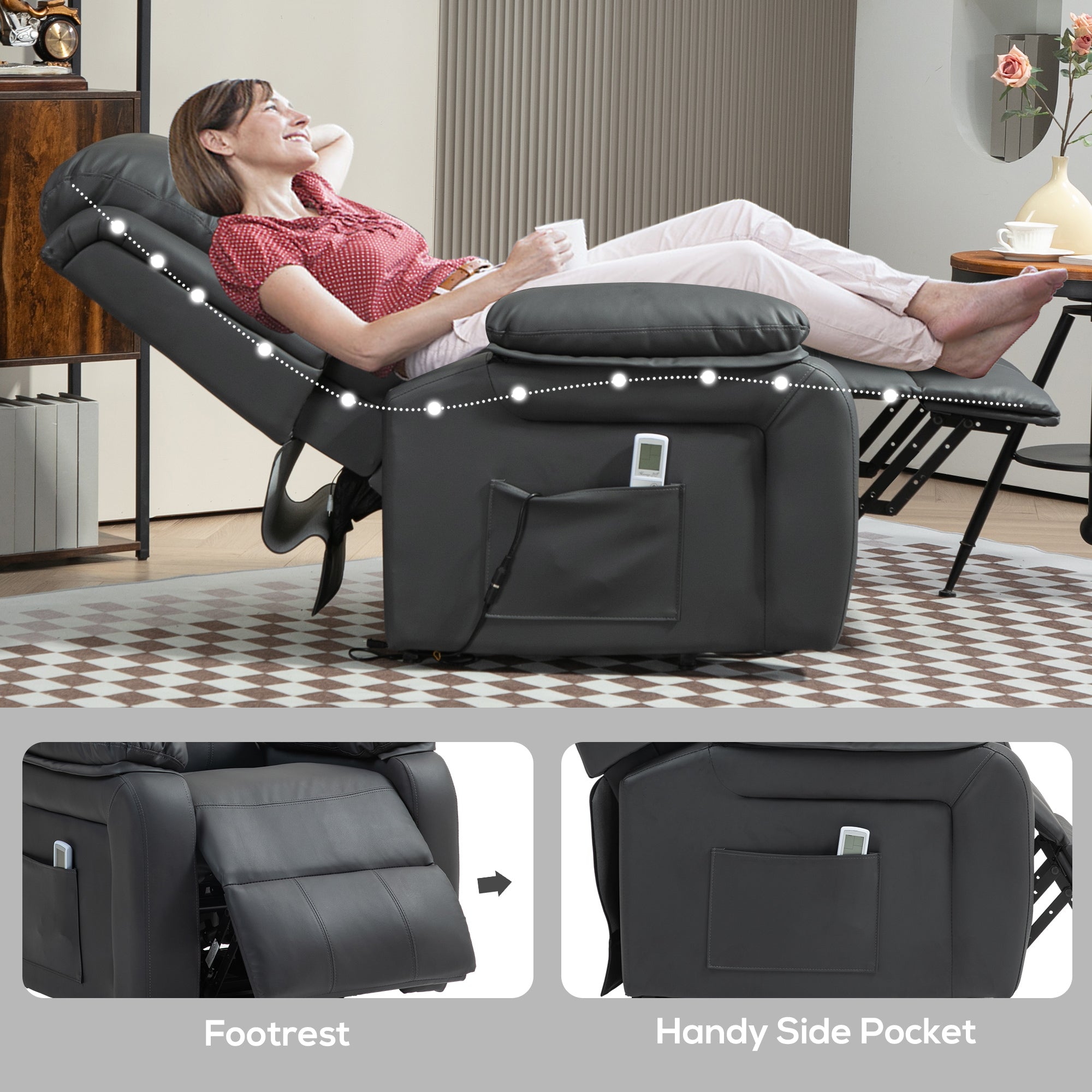 Fynco - Riser and Recliner Chair with Massage, Heat, Power Lift Recliner Chair for Elderly with Remote Control, Extended Footrest, Dual Side Pockets, Overstuffed Electric Reclining Armchair, Dark Grey