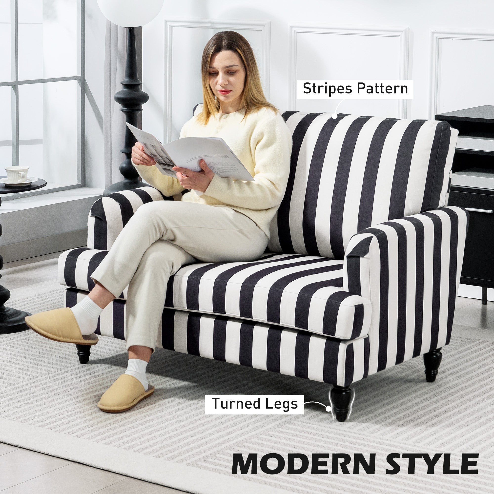 Modern Cuddle Chair, Velvet Single Sofa Armchair with Stripe, Turned Legs and Wide Seat, Upholstered Snuggle Chair for Living Room, Bedroom, Black and White