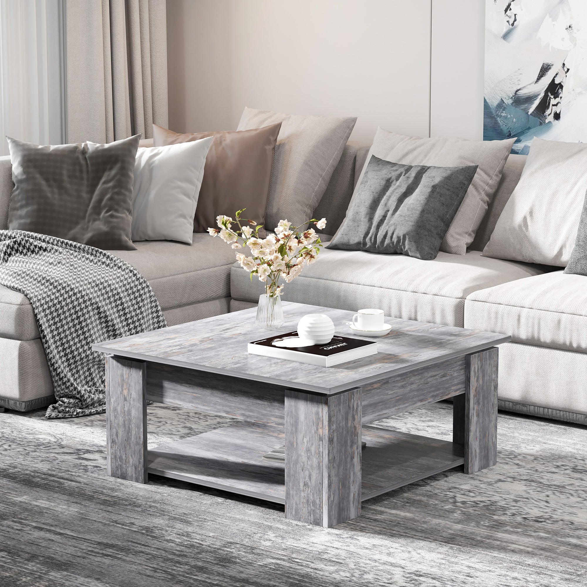 2 Tier Wood Coffee Table Side Table Bottom Storage Shelf Simple Modern Living Room Grey Wood Grain