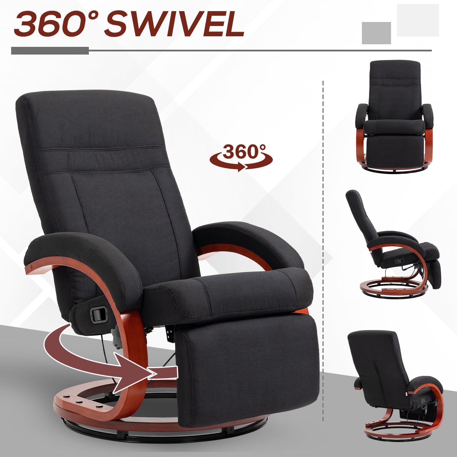 Fynco - 135° Manual Reclining Swivel Chair, with Footrest - Black