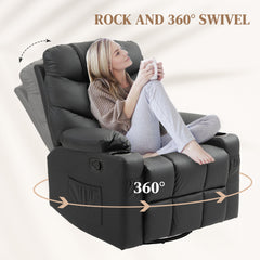 Manual Reclining Chair, Recliner Armchair with Swivel, Faux Leather, Footrest, Cup Holders, 86x93x102cm, Black