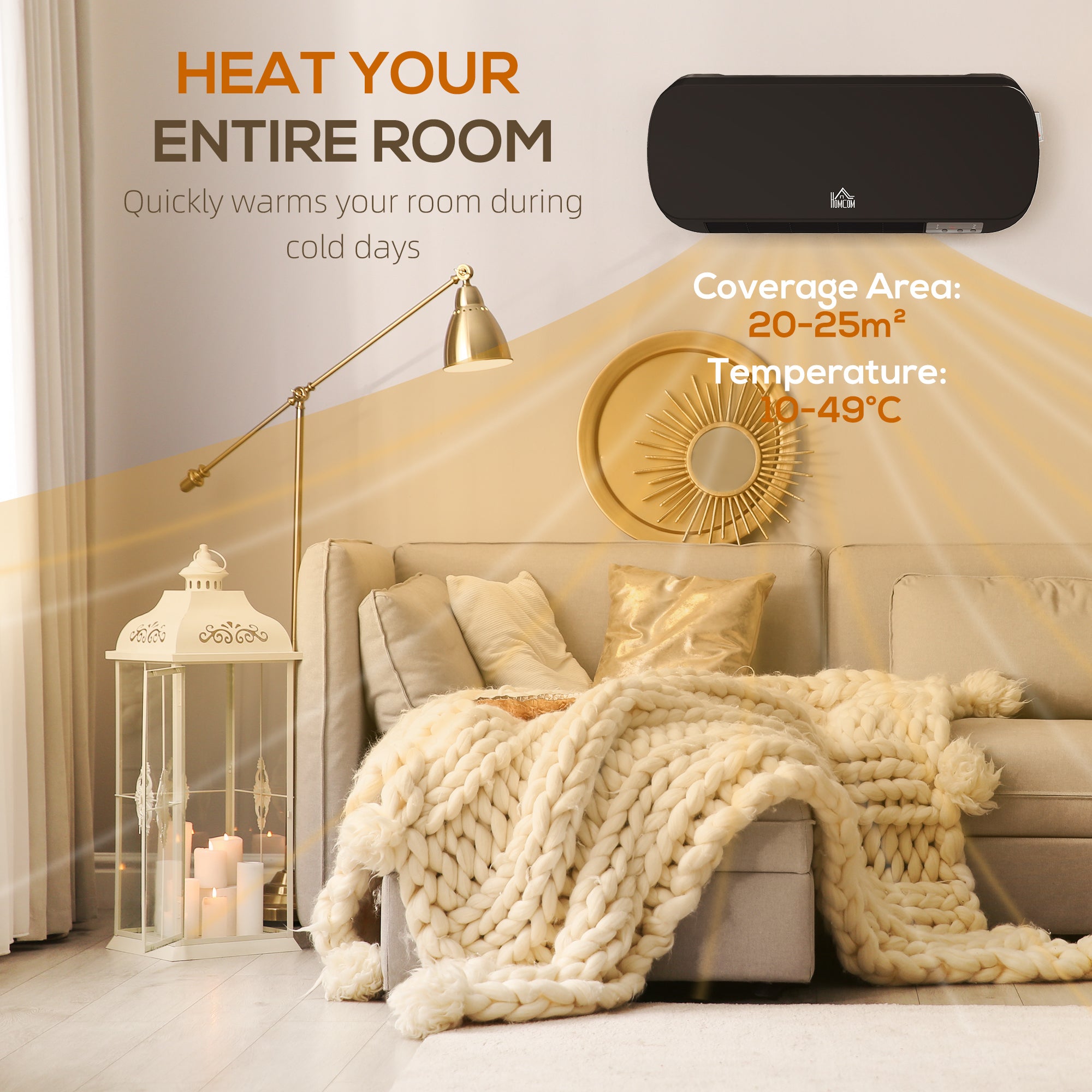 Fynco - 2000W Wall Mounted Ceramic Space Heater, 10-49°C Temperature, Black