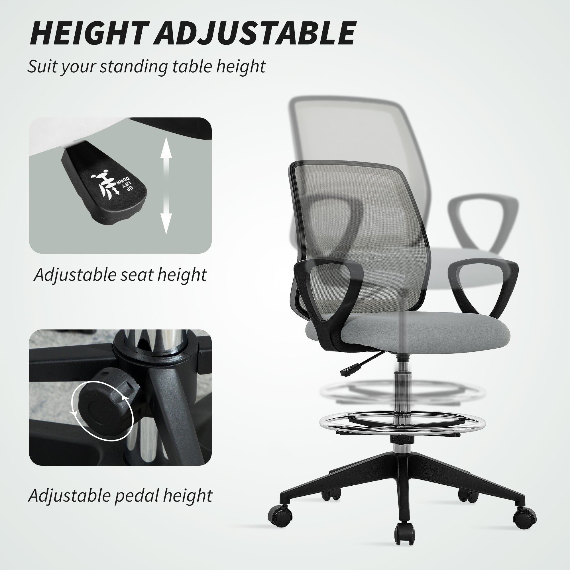 100-120cm Draughtsman Office Chair, with Footrest - Light Grey