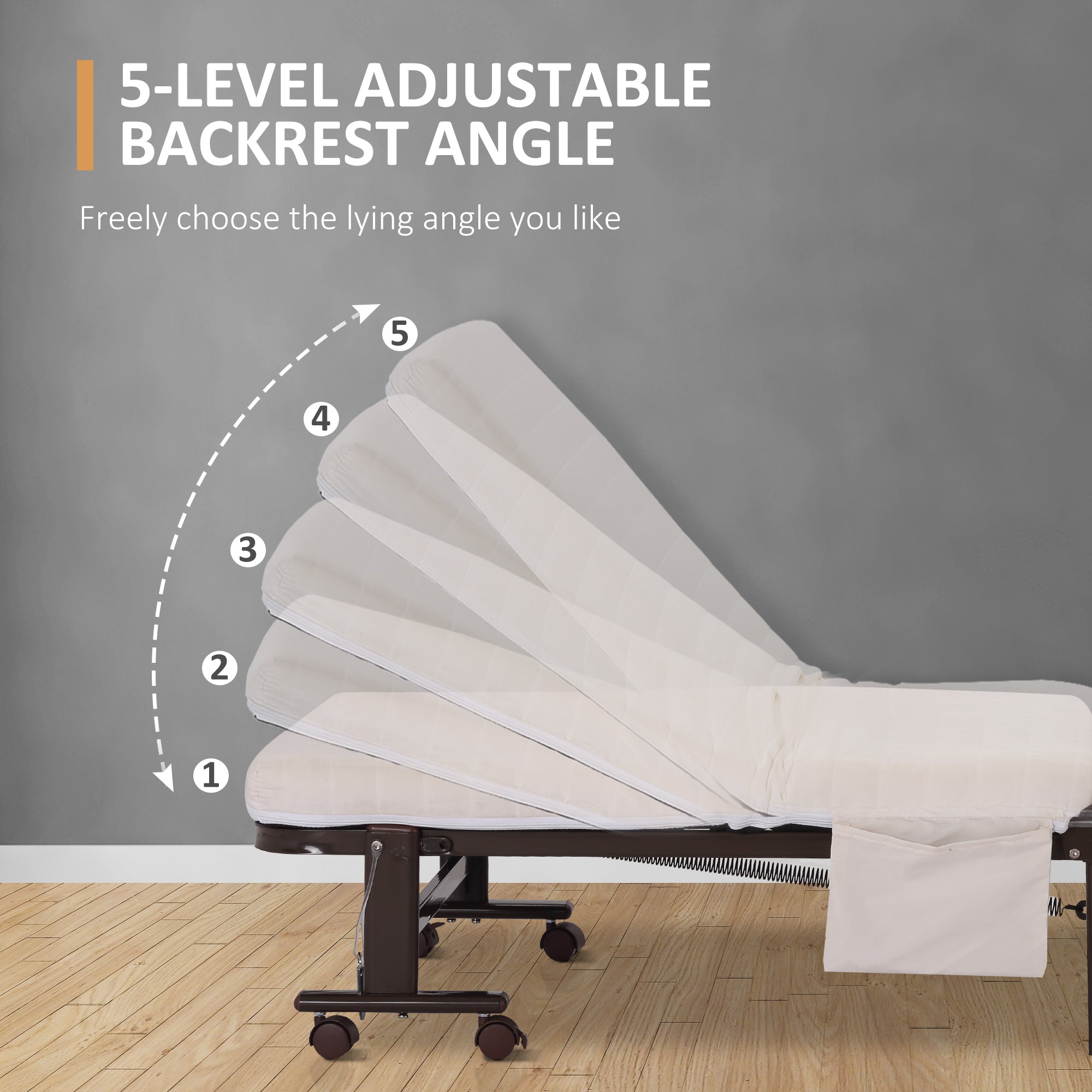 Folding Bed with Mattress, Single Guest Bed, Portable Fold Bed with Adjustable Backrest, Metal Frame on Wheels, White, 190 x 76 cm