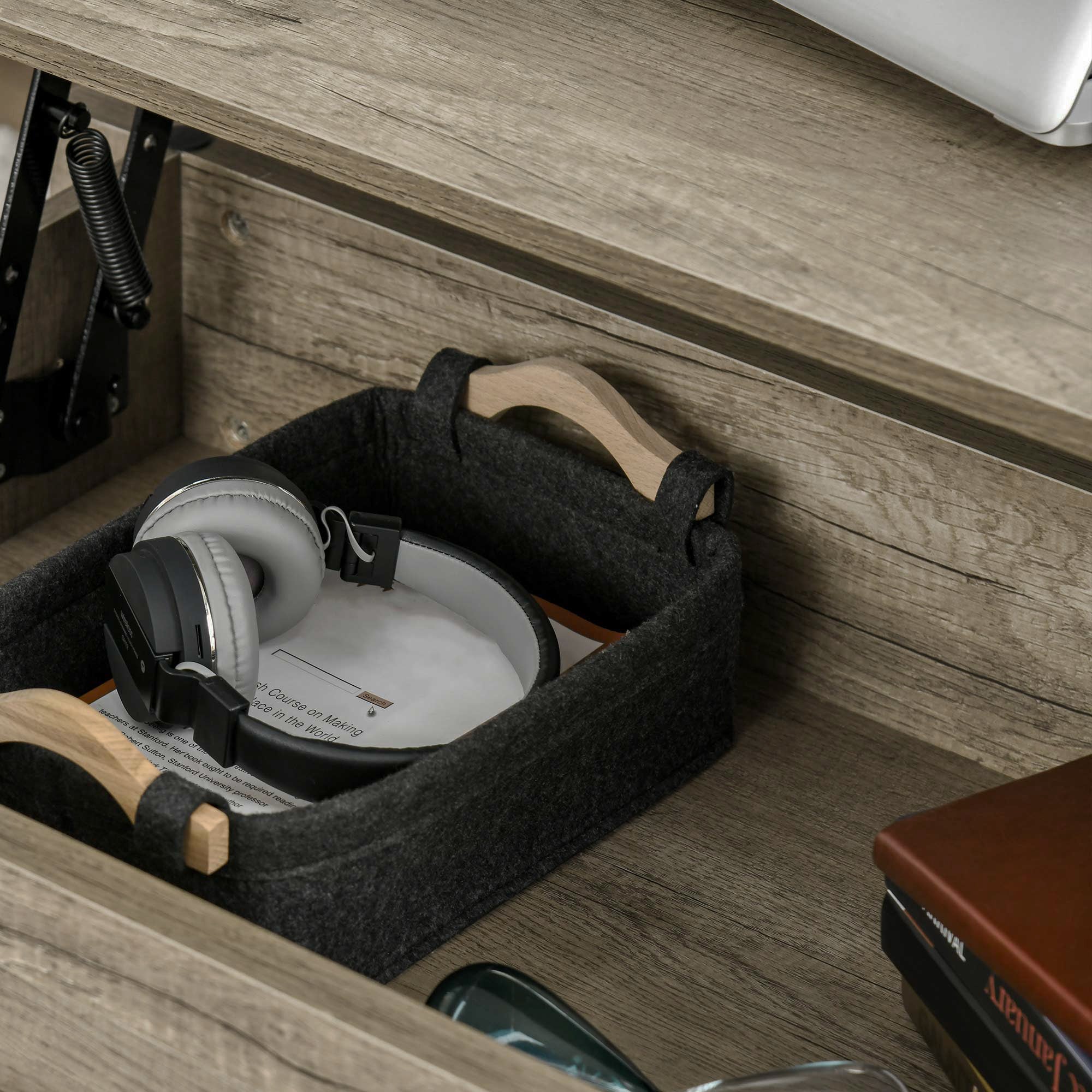 Lift Top Coffee Table w/ Hidden Storage Compartment Open Shelves Lift Tabletop Pop Up Centre Table for Living Room Oak Effect