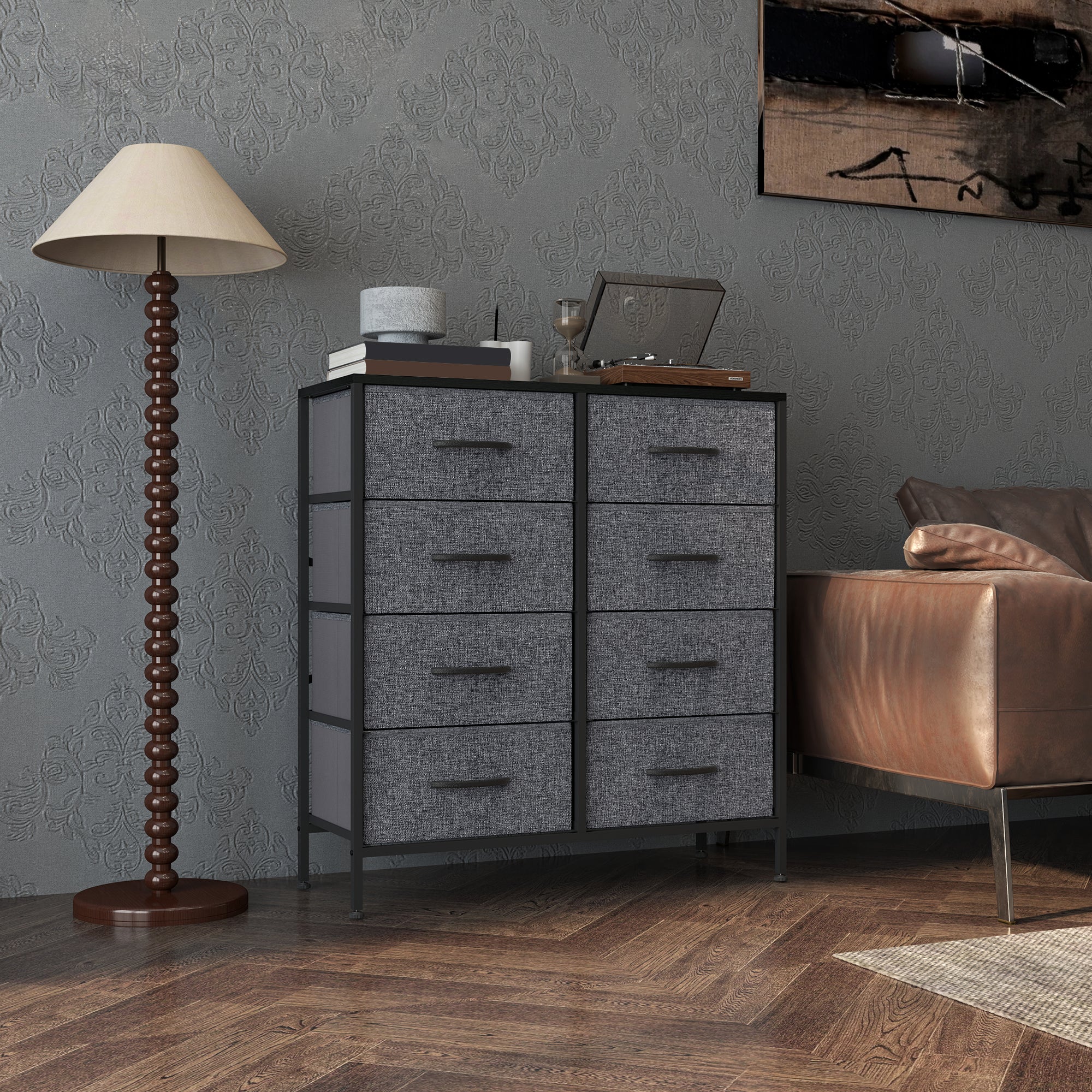 Fabric Chest of Drawers, Industrial Bedroom Dresser with 8 Fabric Drawers, Steel Frame and Wooden Top for Nursery, Living Room, Hallway, Black