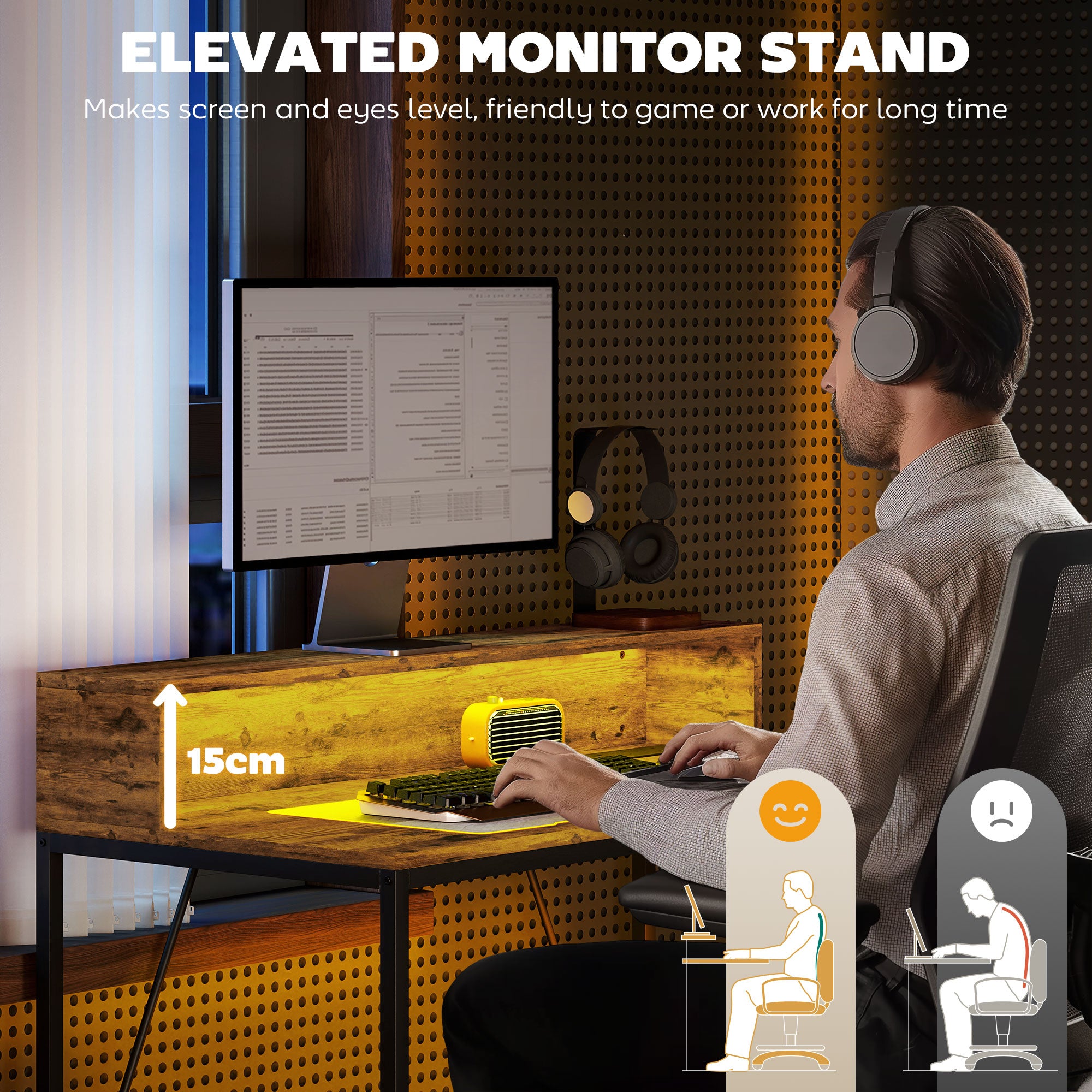 100cm Computer Desk with LED Lights and Power Outlets, Gaming Desk with Monitor Stand, Computer Table with Remote for Home Office Study, Rustic Brown