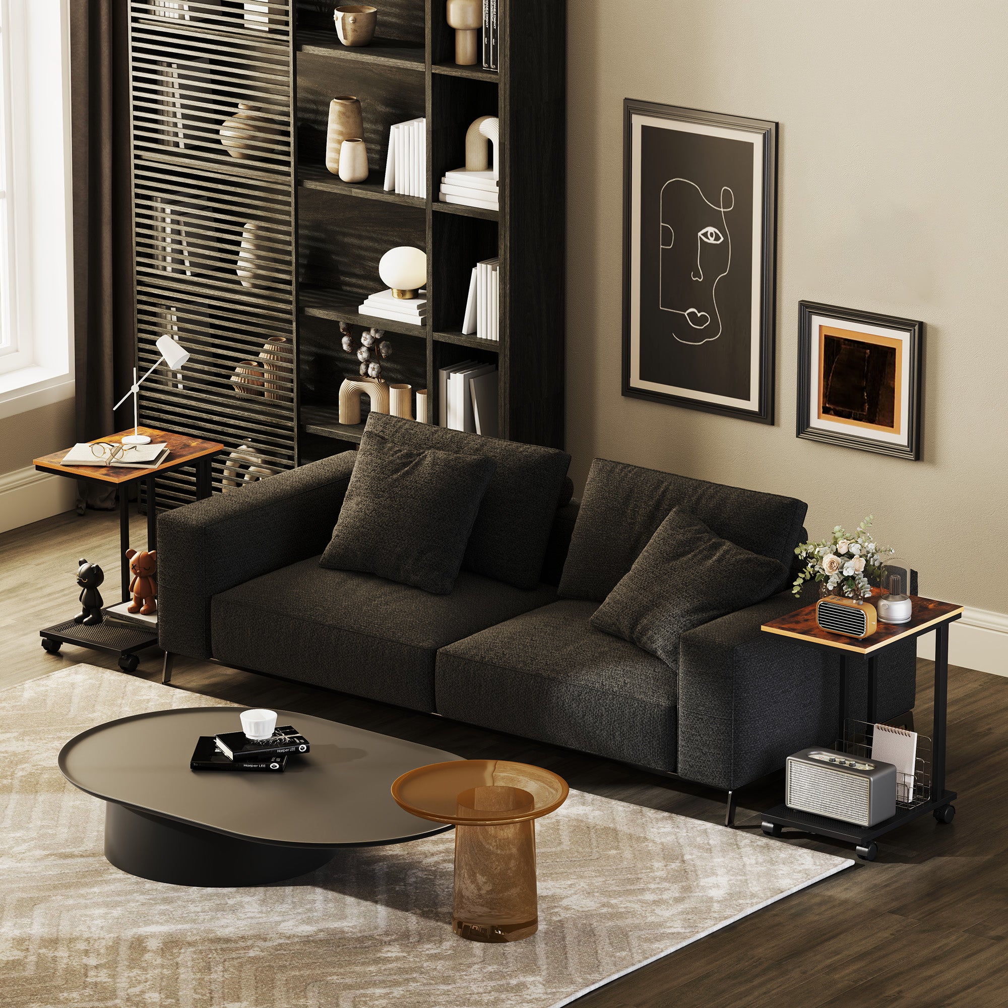 C Shaped Side Table Set of 2 with Wheels, Mobile End Table, Laptop Stand with Metal Frame and Storage Shelf, Rustic Brown