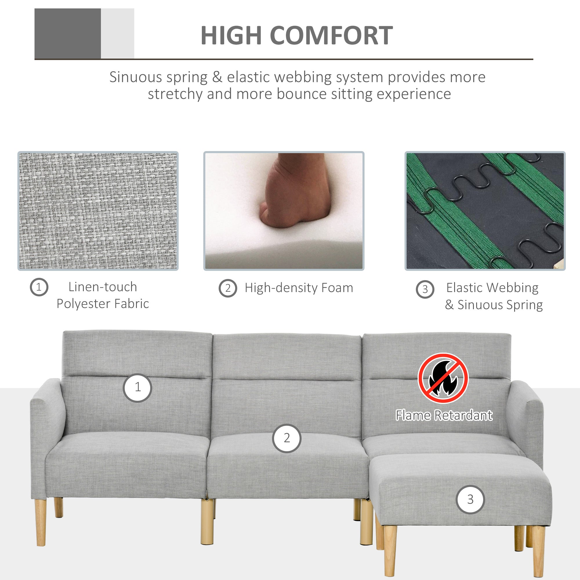 L Shape Sofa Bed Set, Linen Fabric Corner Sofa Bed with Rubber Wood Legs and Footstool, Light Grey