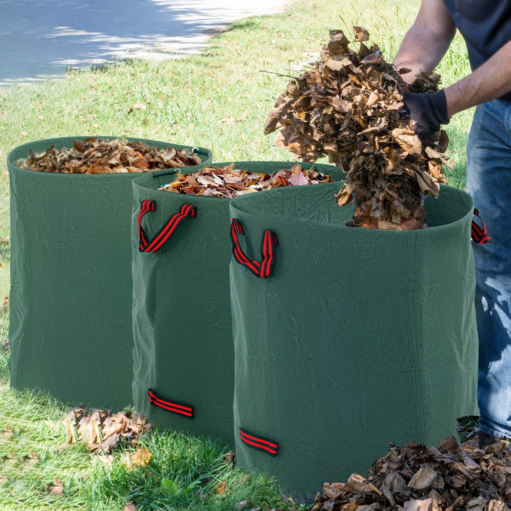 Garden Waste Bags, 272L x 3 Heavy Duty Garden Bags, Foldable and Reusable Waste Sacks with Handles for Loading Leaf, Trash, Debris, Green