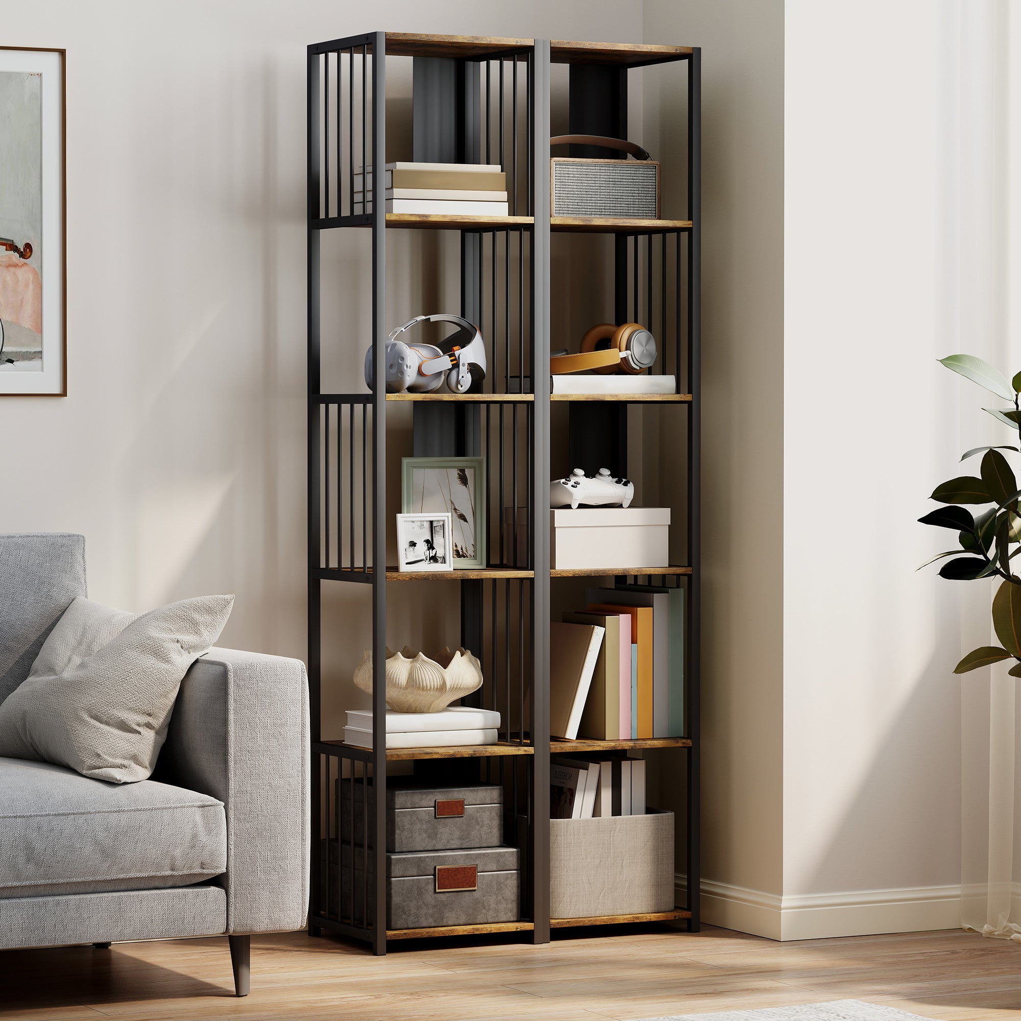 Fynco - 5-Tier Bookshelf with Steel Frame - Rustic Brown
