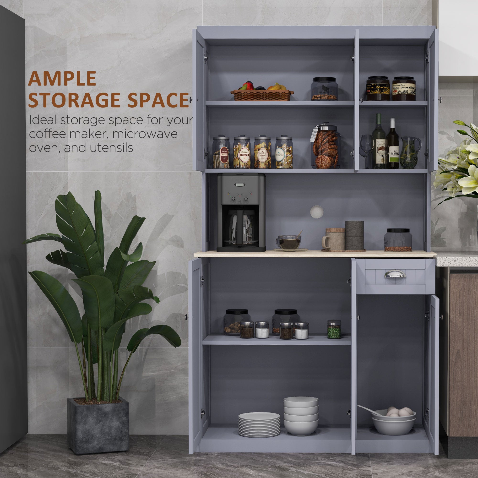 180cm Freestanding Kitchen Cabinet, Modern Storage Cupboard with Open Countertop, Drawer and 6 Doors, Grey