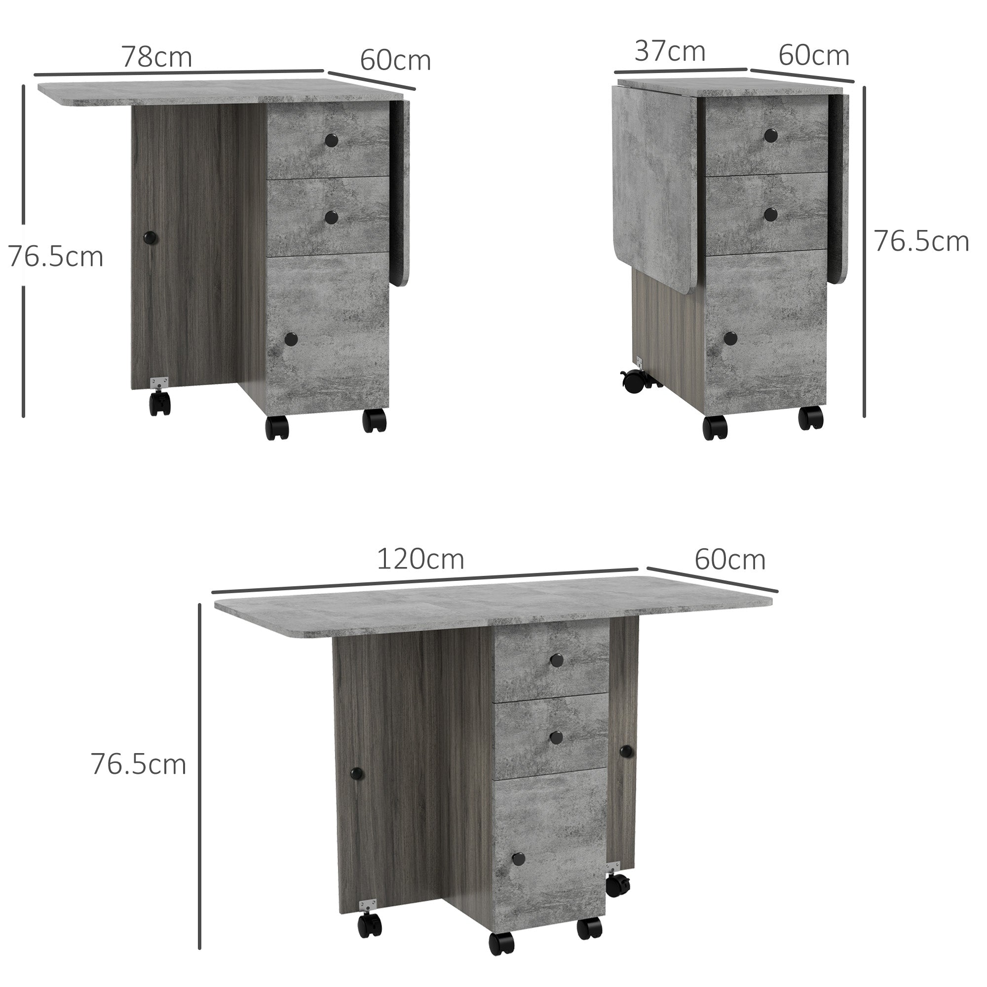 Multi-Storage Six-Person Drop Leaf Dining Table - Mixed Grey