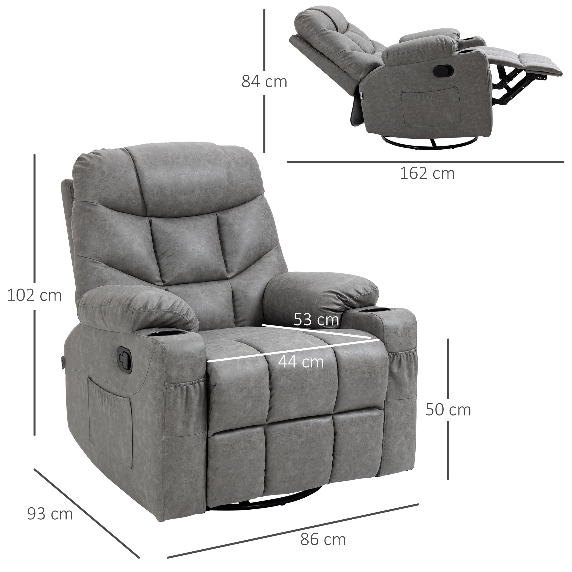 Thick Padded Faux Leather Recliner Armchair - Light Grey