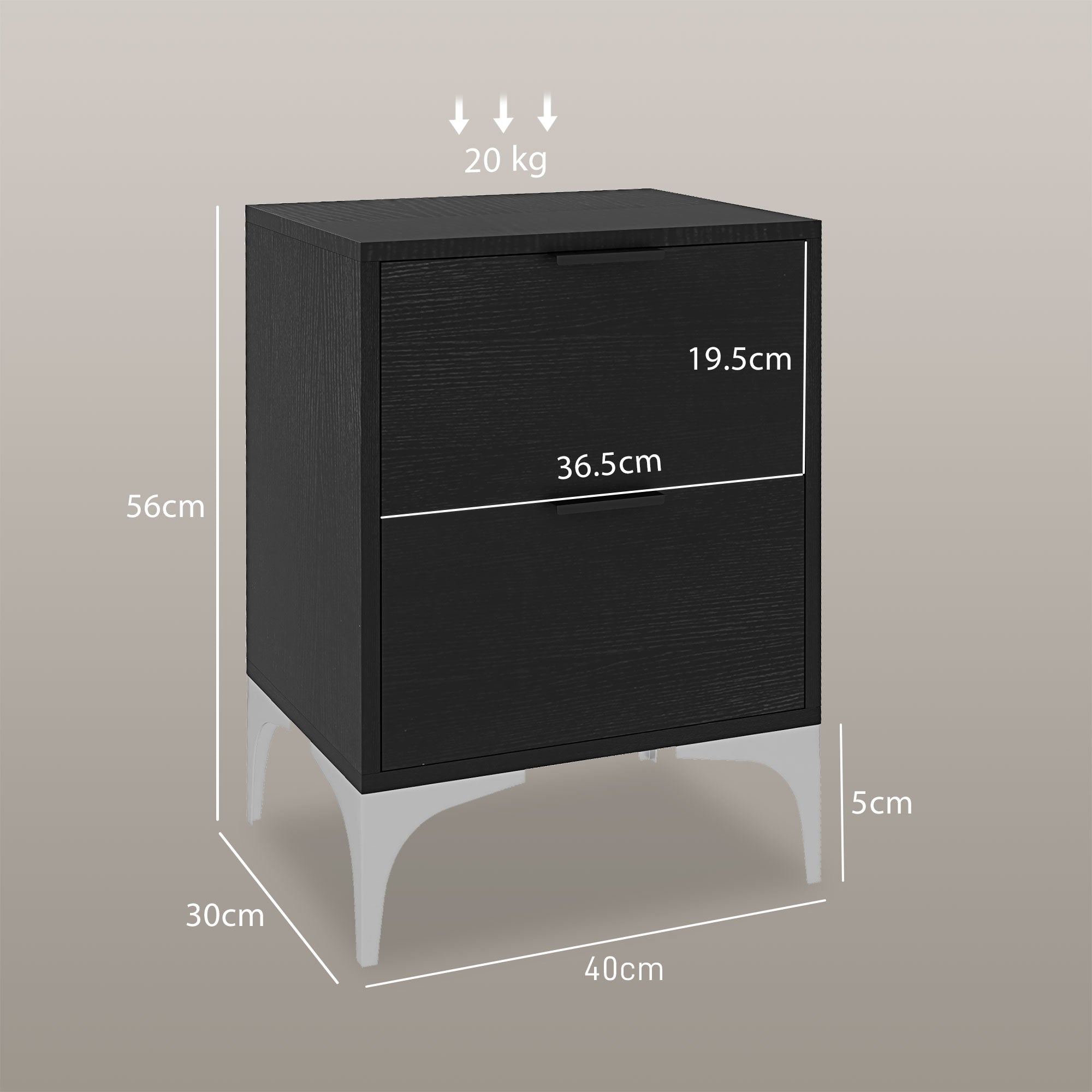 Set of Two Wood Effect Bedside Tables with Silver Tone Steel Base, Black