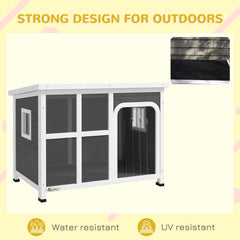 Wooden Outdoor Dog House with Asphalt Openable Top, Removable Floor, Clear Front Panel, Curtain, Light Grey