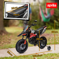 AIYAPLAY 12V Aprilia Licensed Kids Motorbike with Training Wheels, Spring Suspension, LED Headlight, USB, Music, Red/Black
