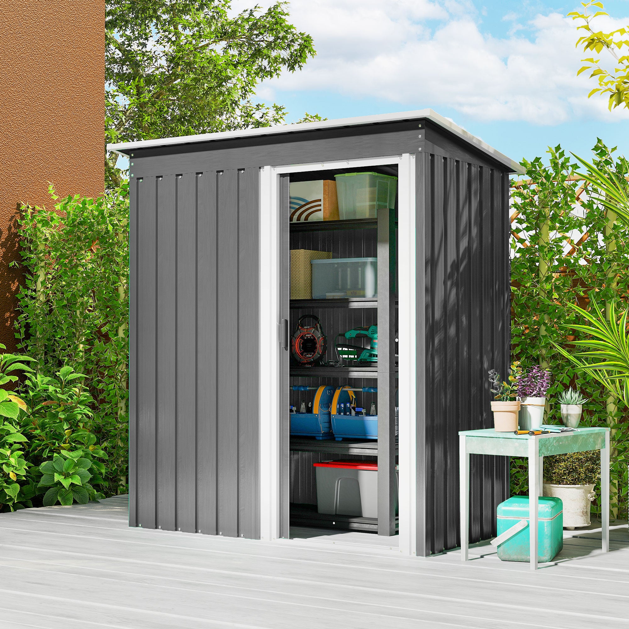 Fynco - 5x3 Storage Shed with Sliding Door and Sloped Roof for Garden, Light Grey