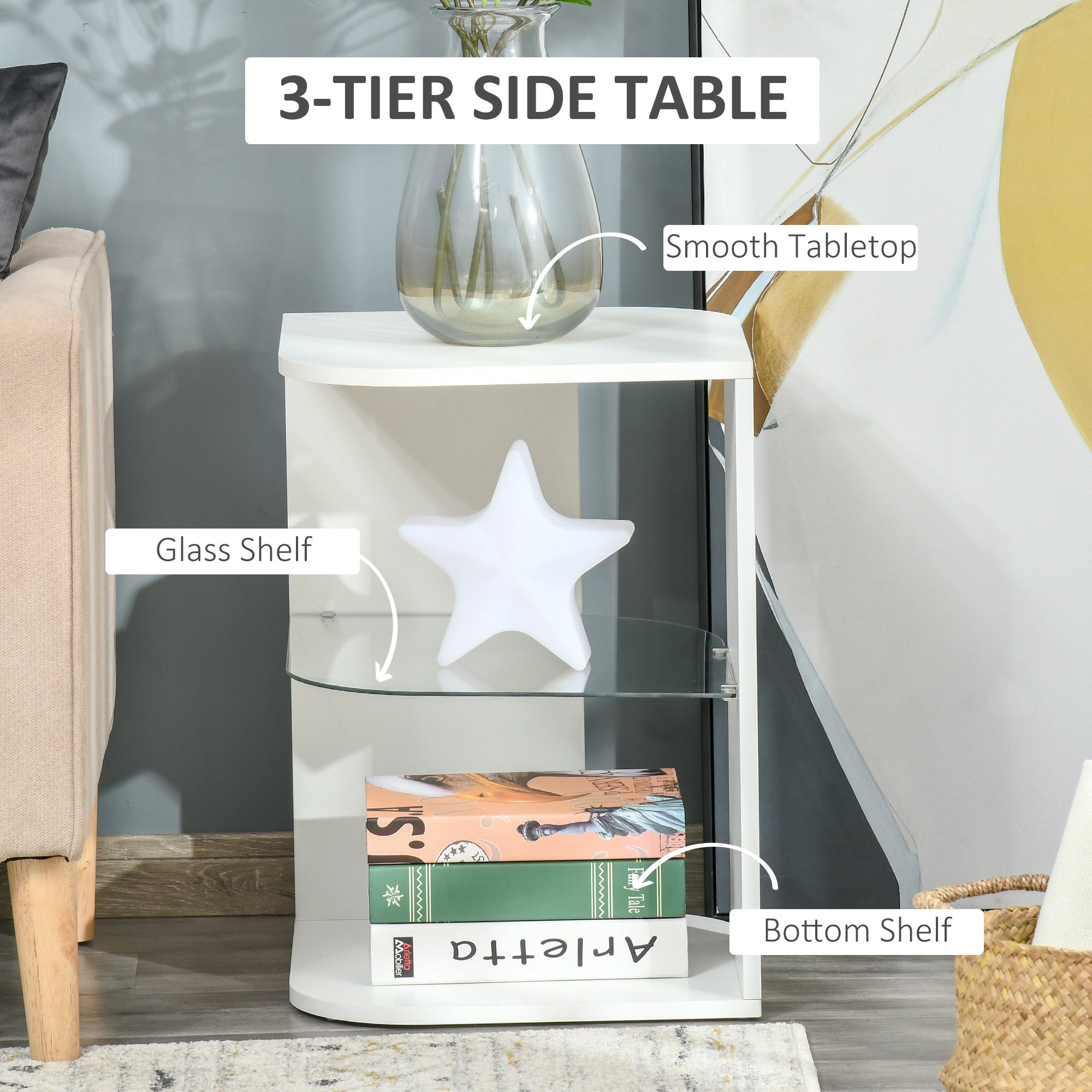 Modern Side Table Set of 2, Three Layer Bedside Table Nightstand with 2 Storage Shelves, for Living room, Bedroom, White