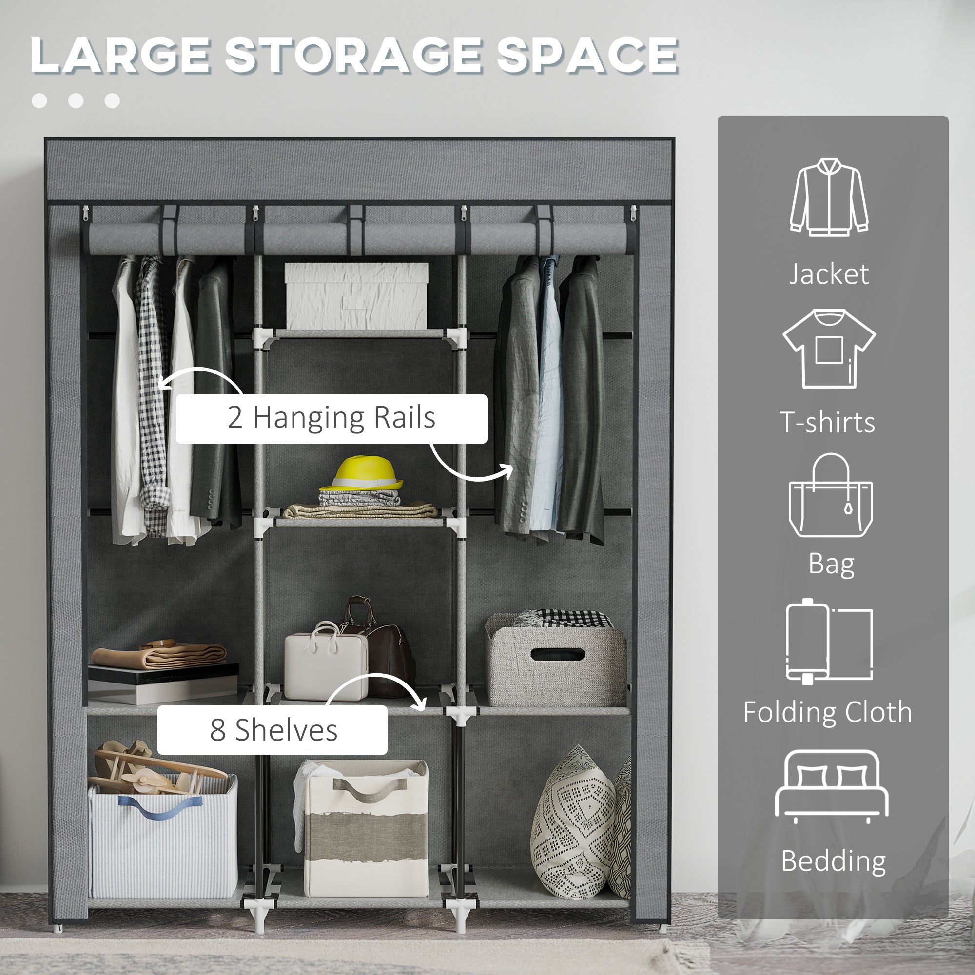 Fabric Wardrobe, with Rails and Shelves - Dark Grey