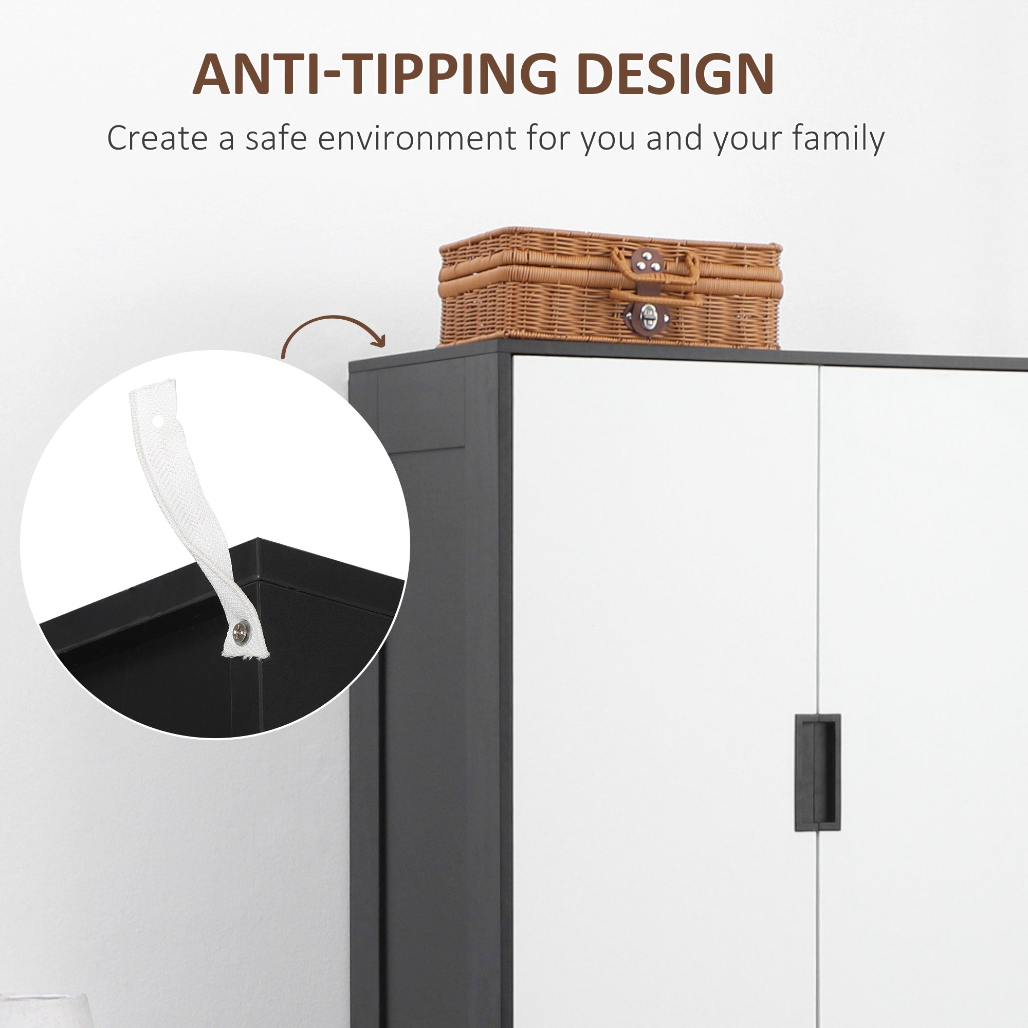 2 Door Wardrobe, Modern Wardrobe with 3 Drawers and Hanging Rod for Bedroom, Black