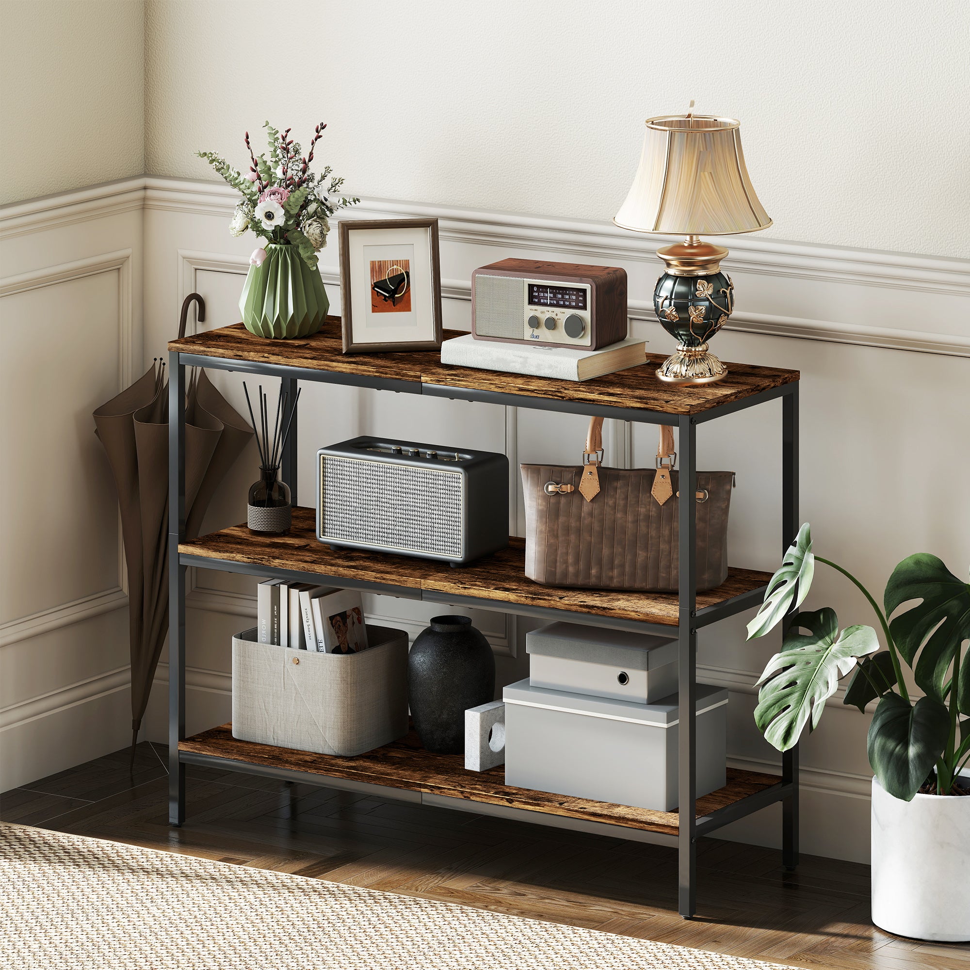 3-Tier Console Table with Storage Shelves - Rustic Brown
