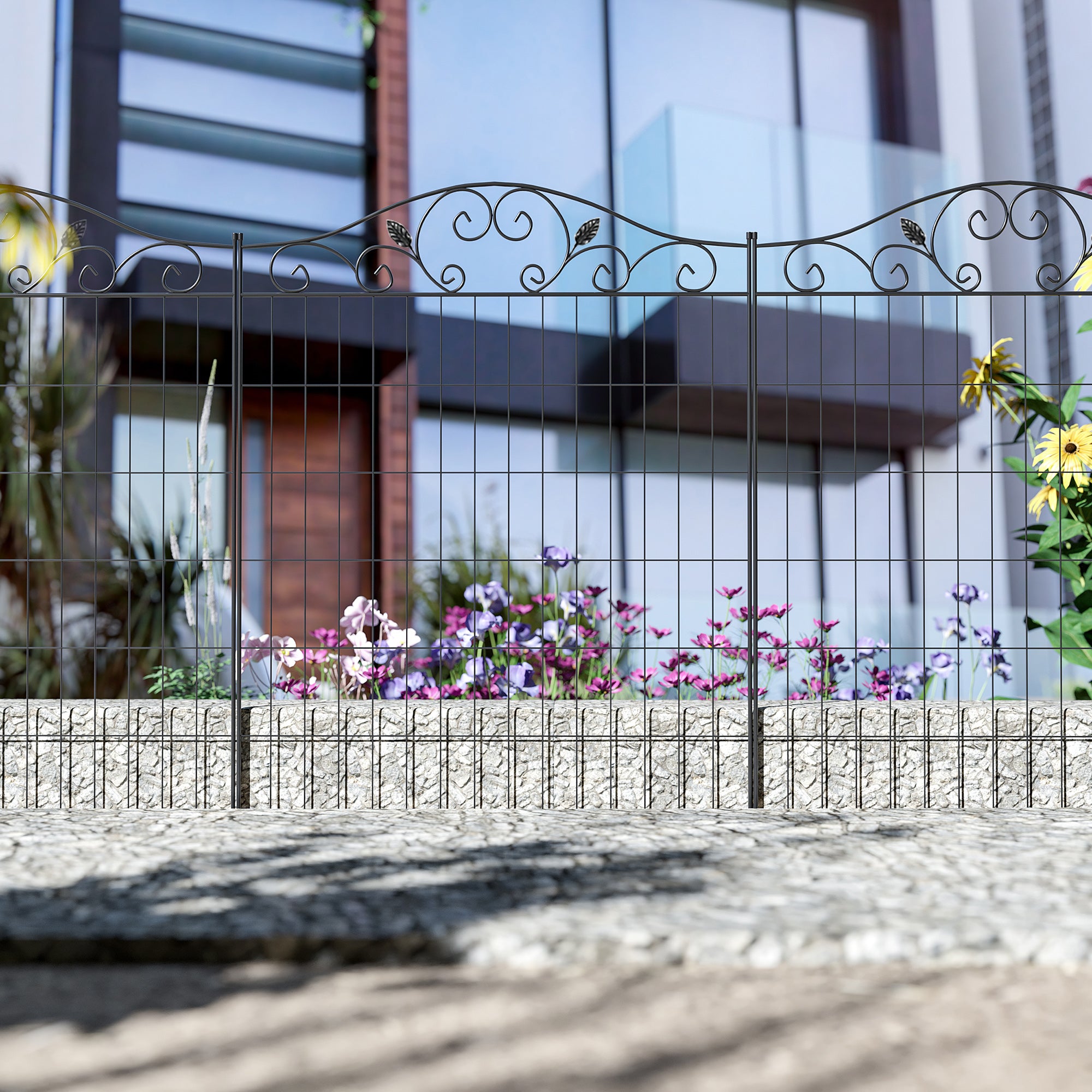 Fynco - Set of 2 Decorative Garden Fence, 8 Panels Metal Picket Fence, Versatile Shapes for Patio Lawn, 365cm x 112cm, Black