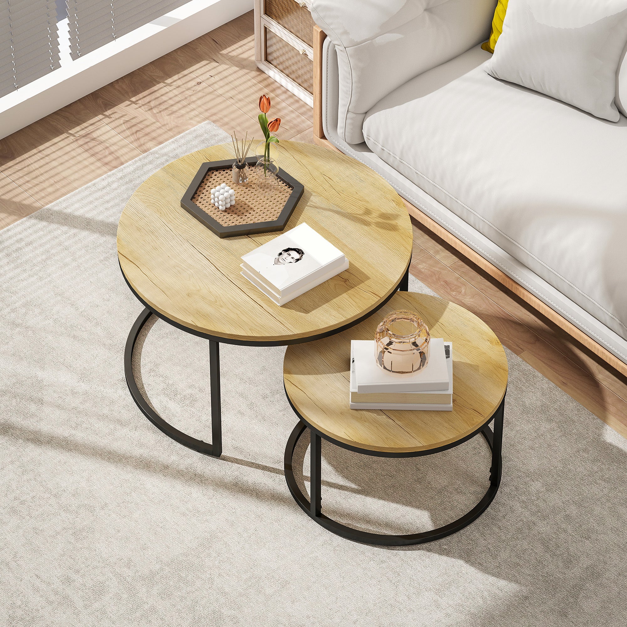 Fynco - Set of Two Wood-Effect Stacking Tables - Natural