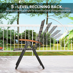 Folding Rattan Garden Dining Chair with 5-level Reclining High Back, Wood Armrests for Outdoor, Patio - Mixed-grey