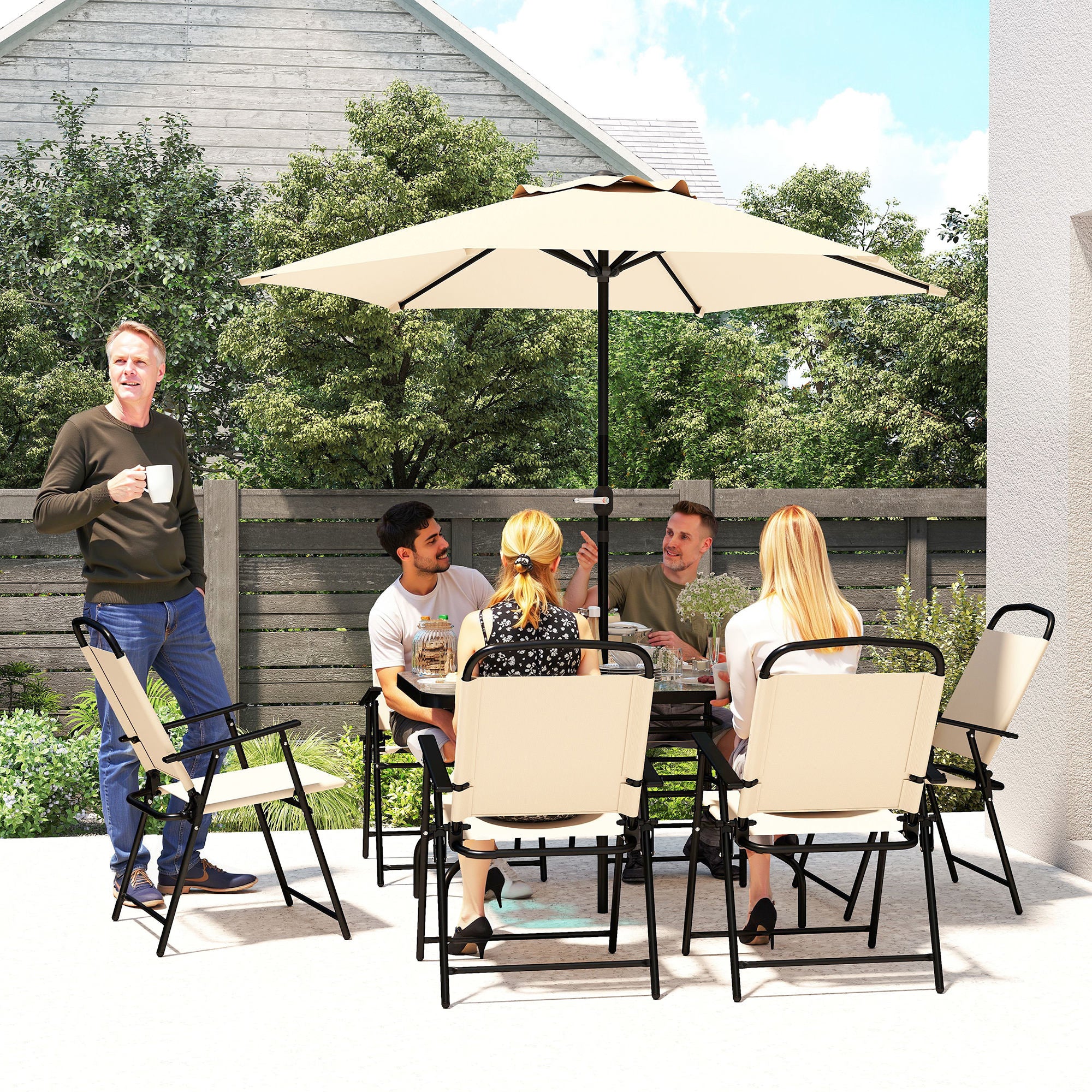 8 Pieces Garden Dining Set with Umbrella, Patio Sets with Parasol with 6 Foldable Chairs, Glass Top Table, and Sun Parasol, Beige