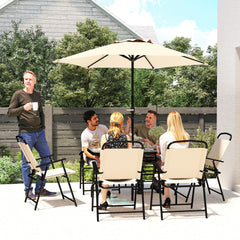 8 Pieces Garden Dining Set with Umbrella, Patio Sets with Parasol with 6 Foldable Chairs, Glass Top Table, and Sun Parasol, Beige