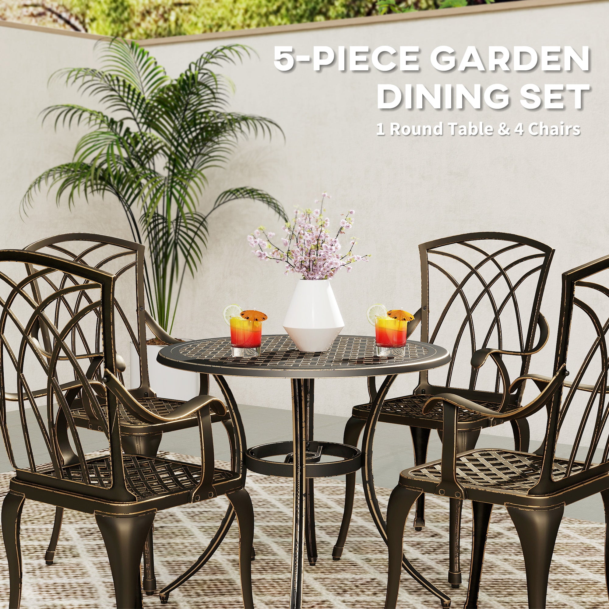 5 Pieces Garden Dining Set for 4, Cast Aluminium Outdoor Dining Set with 4 Armchairs and Round Dining Table with Parasol Hole, Garden Furniture Set, Bronze Tone